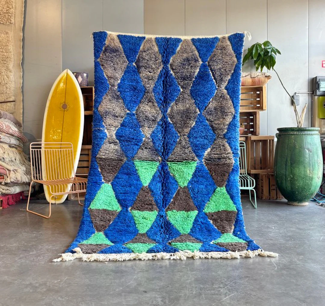 Blue Green Moroccan Rug – Handwoven Diamond Pattern Wool...
