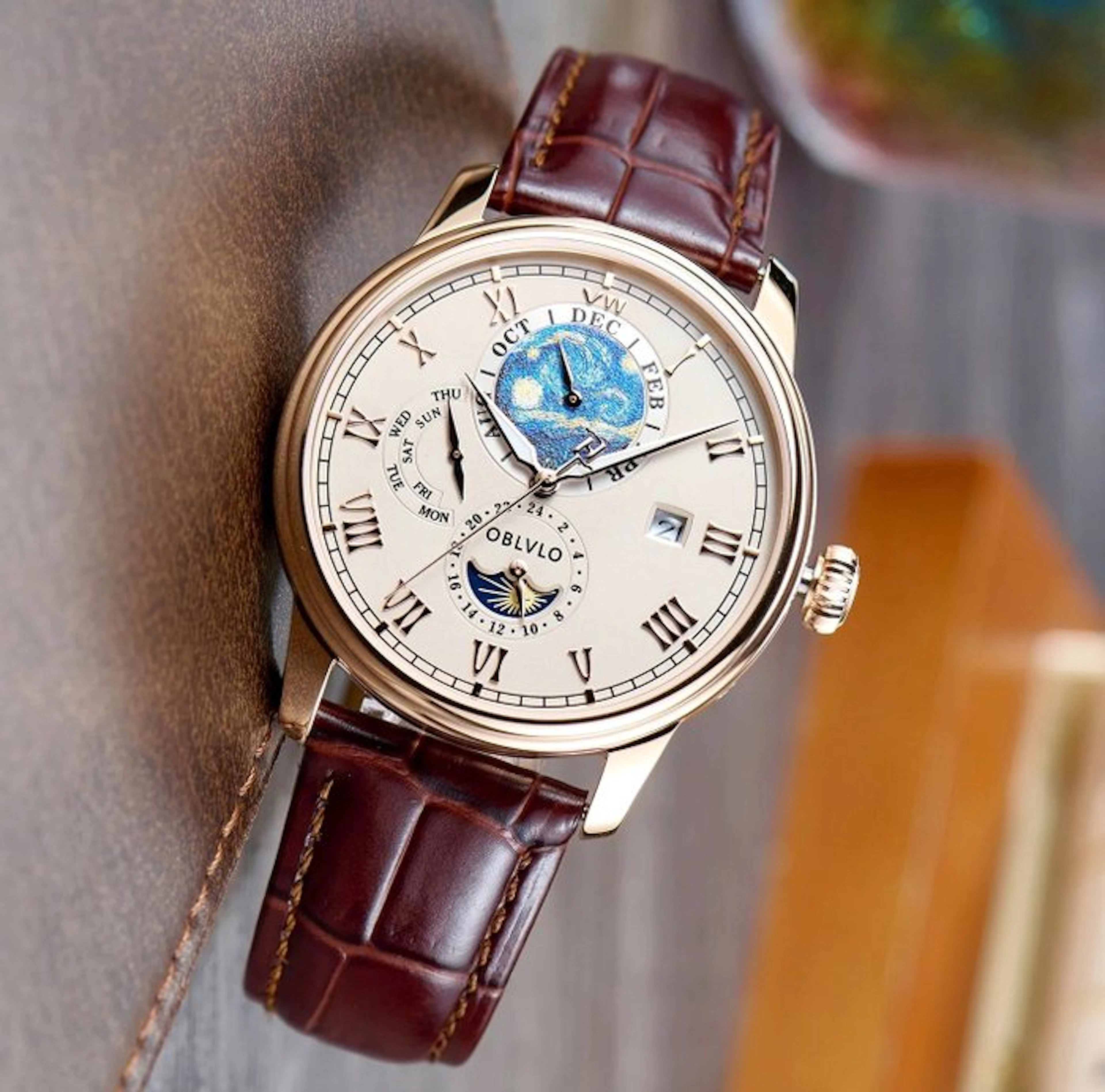 Oblvlo - Automatic - CALENDAR - Moon Sun - Gold - Sapphire - NEW - Men - 2026