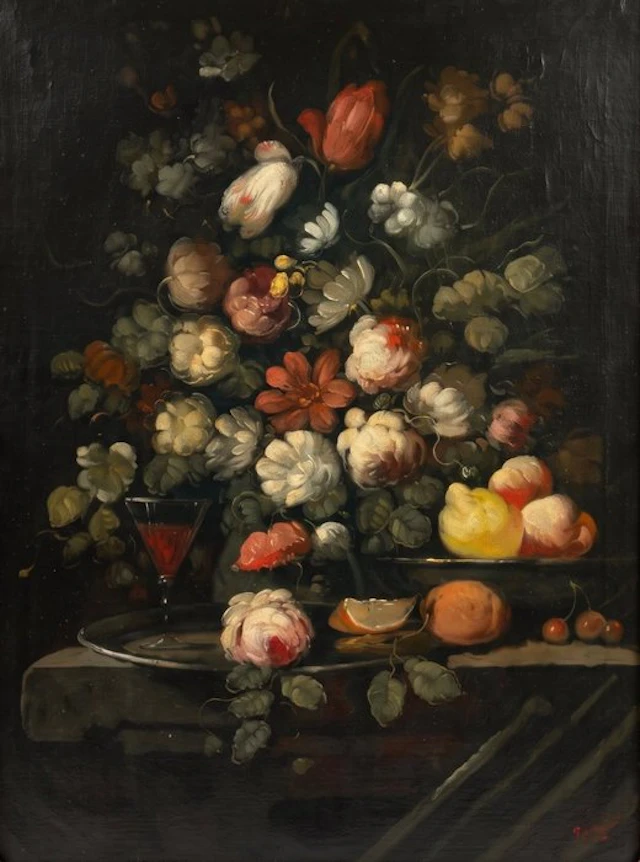 Ira Monte (XX) - Bodegón con flores, frutas y copa