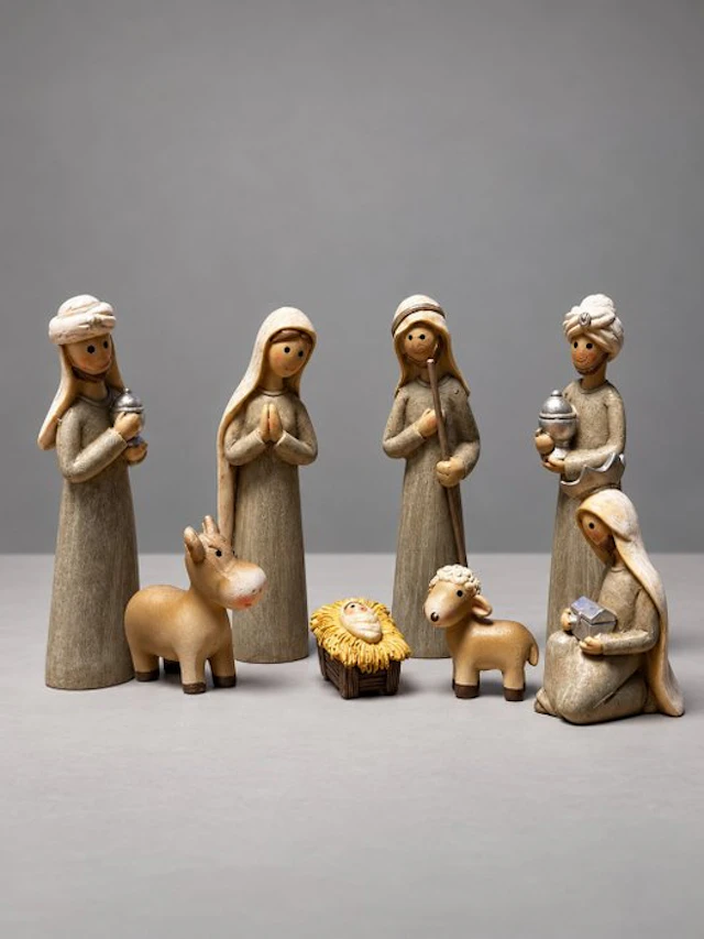 Statue, Complete moderne kerstgroep – 8-delig – warme...