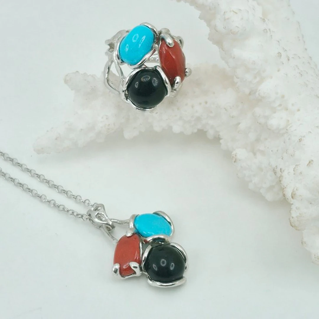 Coral - Silver - 2 piece jewellery set - CORALLO MEDITERRANEO