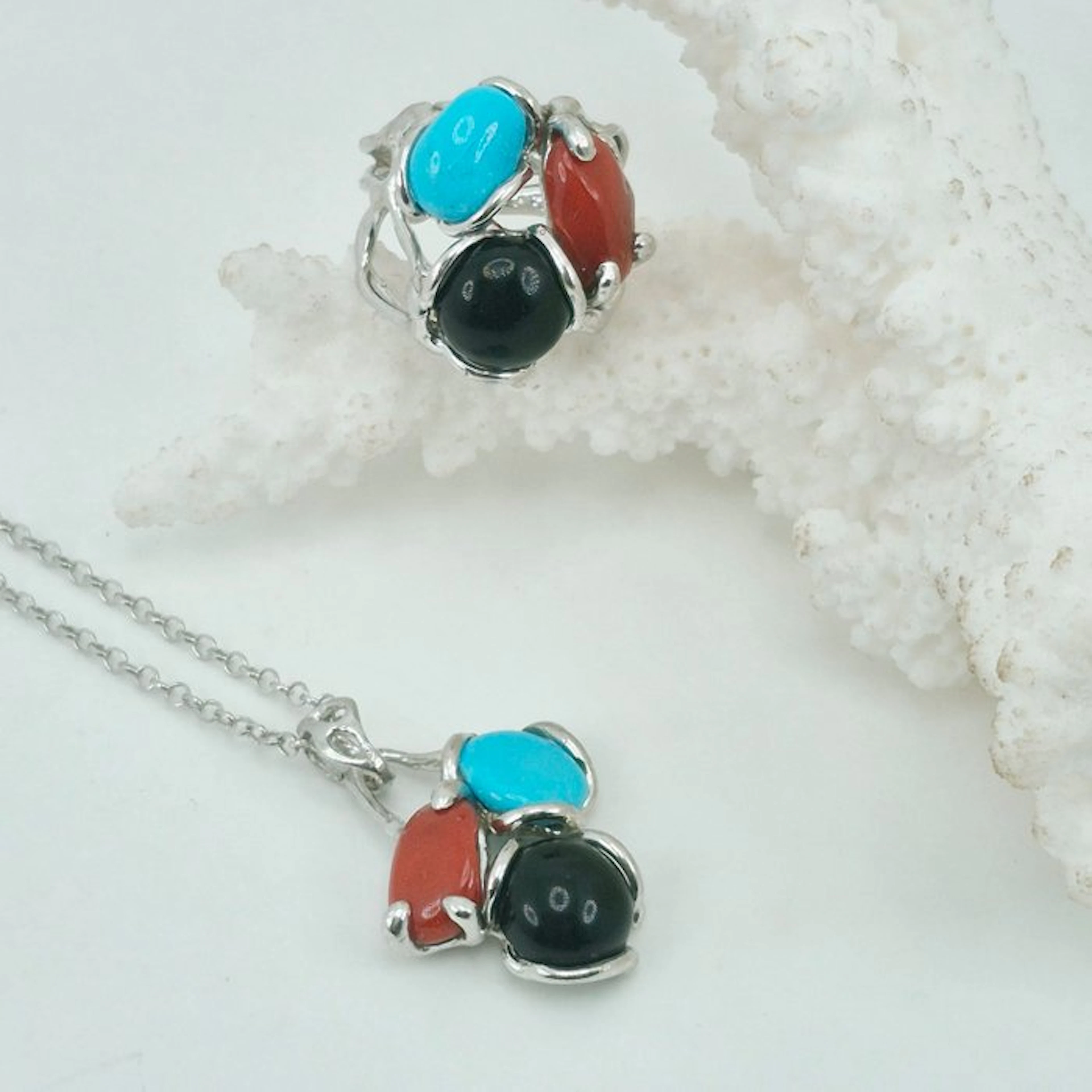 Coral - Silver - 2 piece jewellery set - CORALLO MEDITERRANEO