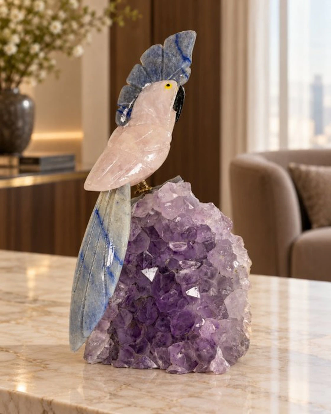 Beautiful piece - hand-carved parrot on amethyst cluster...