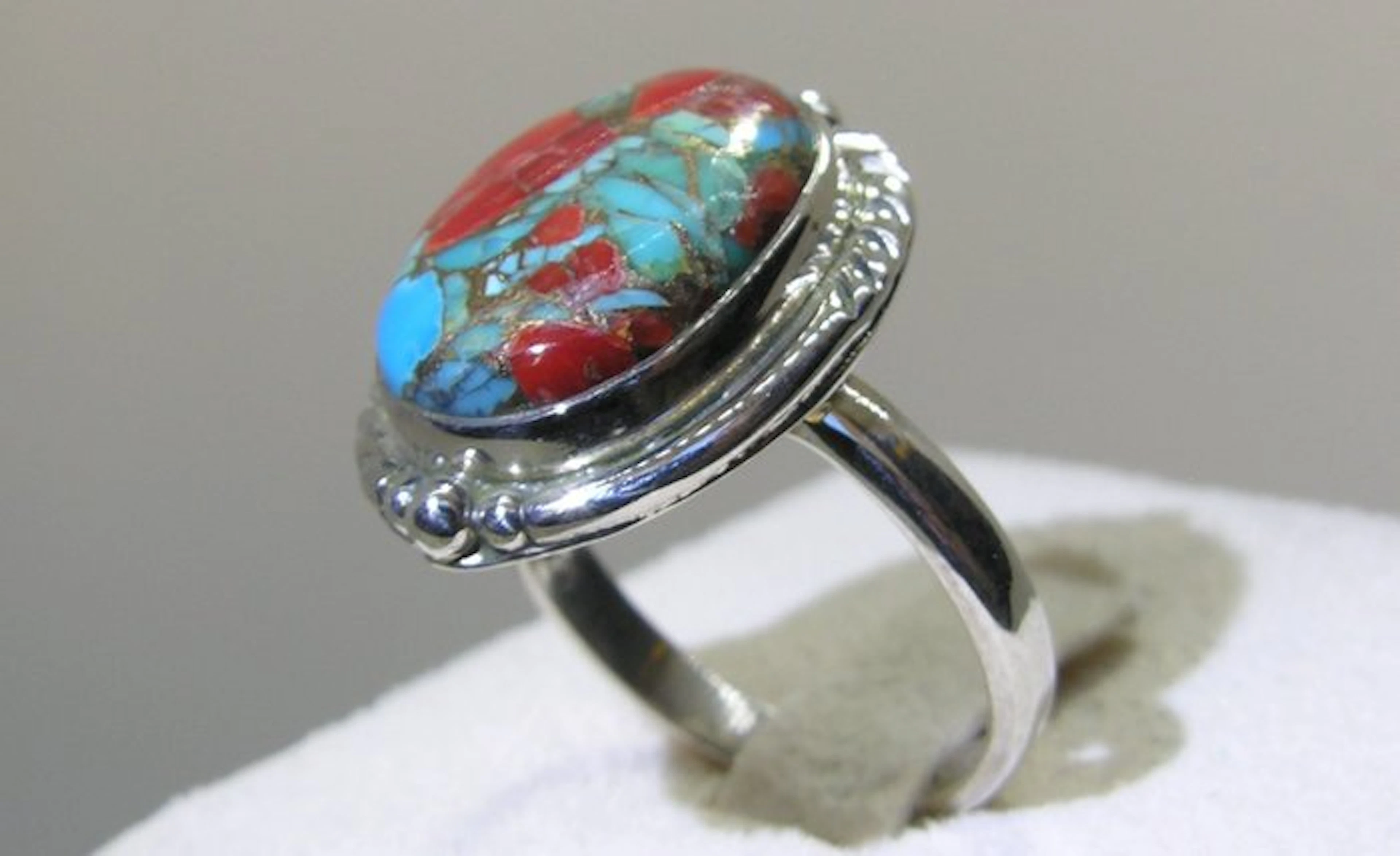 Coral Turquoise Matrix Ring - Height: 26 mm - Width: 20 mm- 5.89 g - (1)