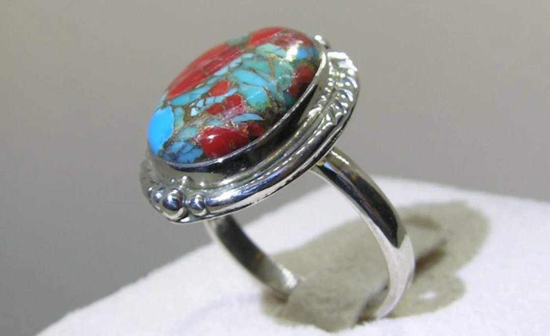 Coral Turquoise Matrix Ring - Height: 26 mm - Width: 20 mm- 5.89 g - (1)