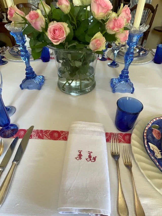 6 Early XXth Century damask linen napkins with hand embroidered J.L