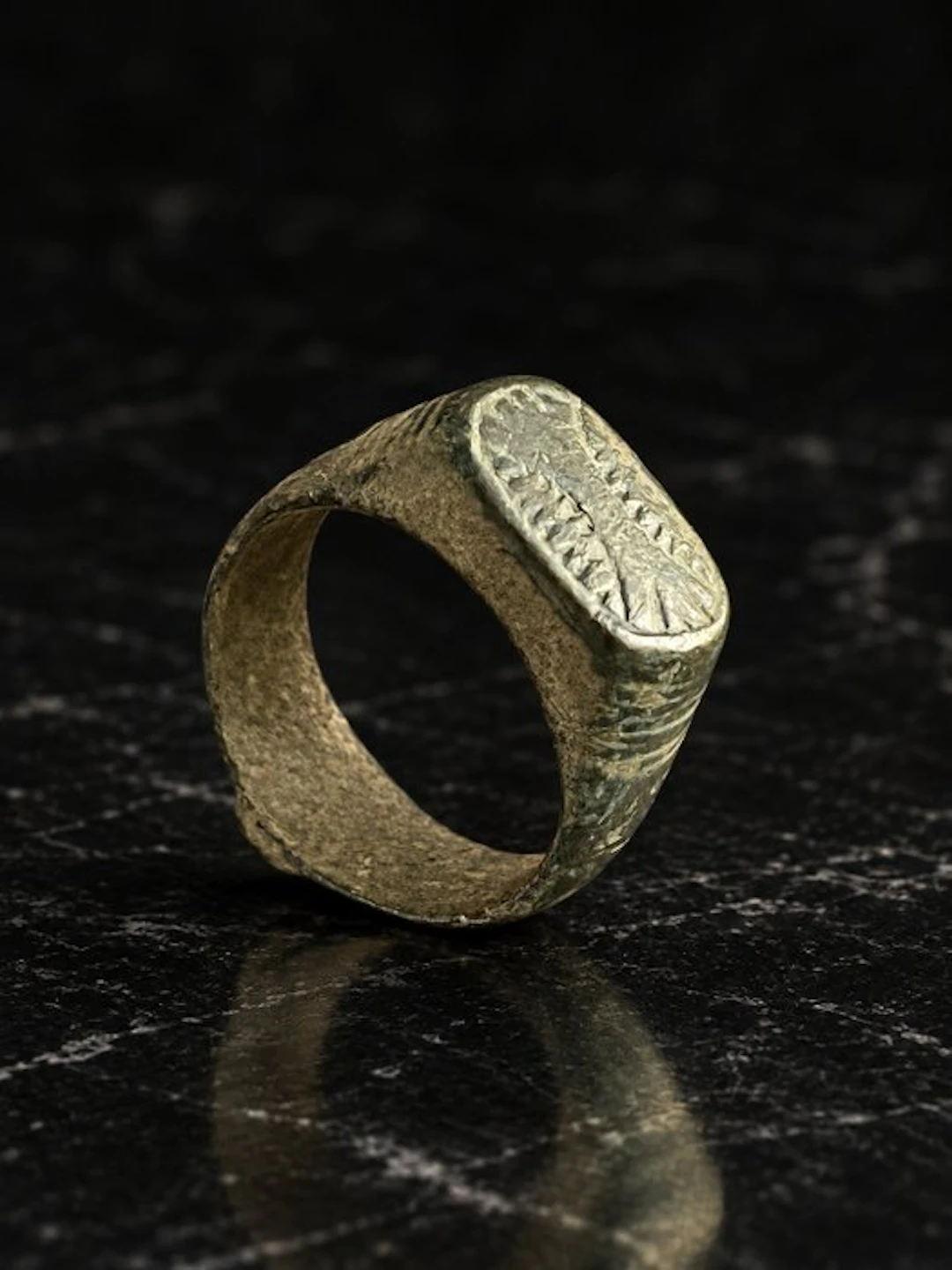 Medieval Bronze Ring with Rectangular Engraved Bezel 10th...