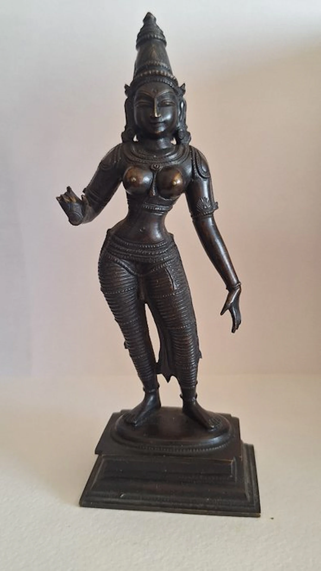 Ancient bronze sculpture depicting a Hindu goddess from southern India