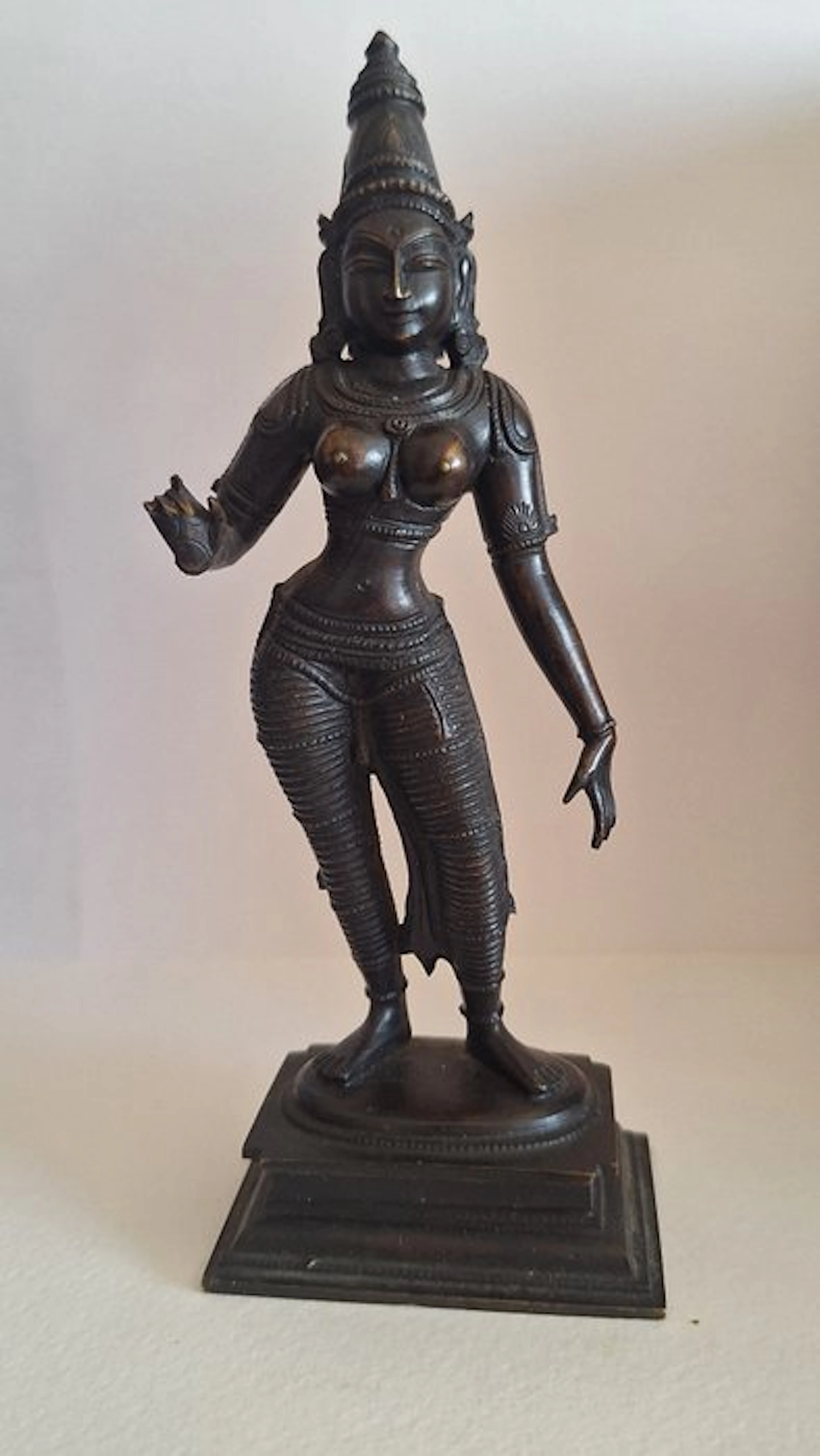 Ancient bronze sculpture depicting a Hindu goddess from southern India