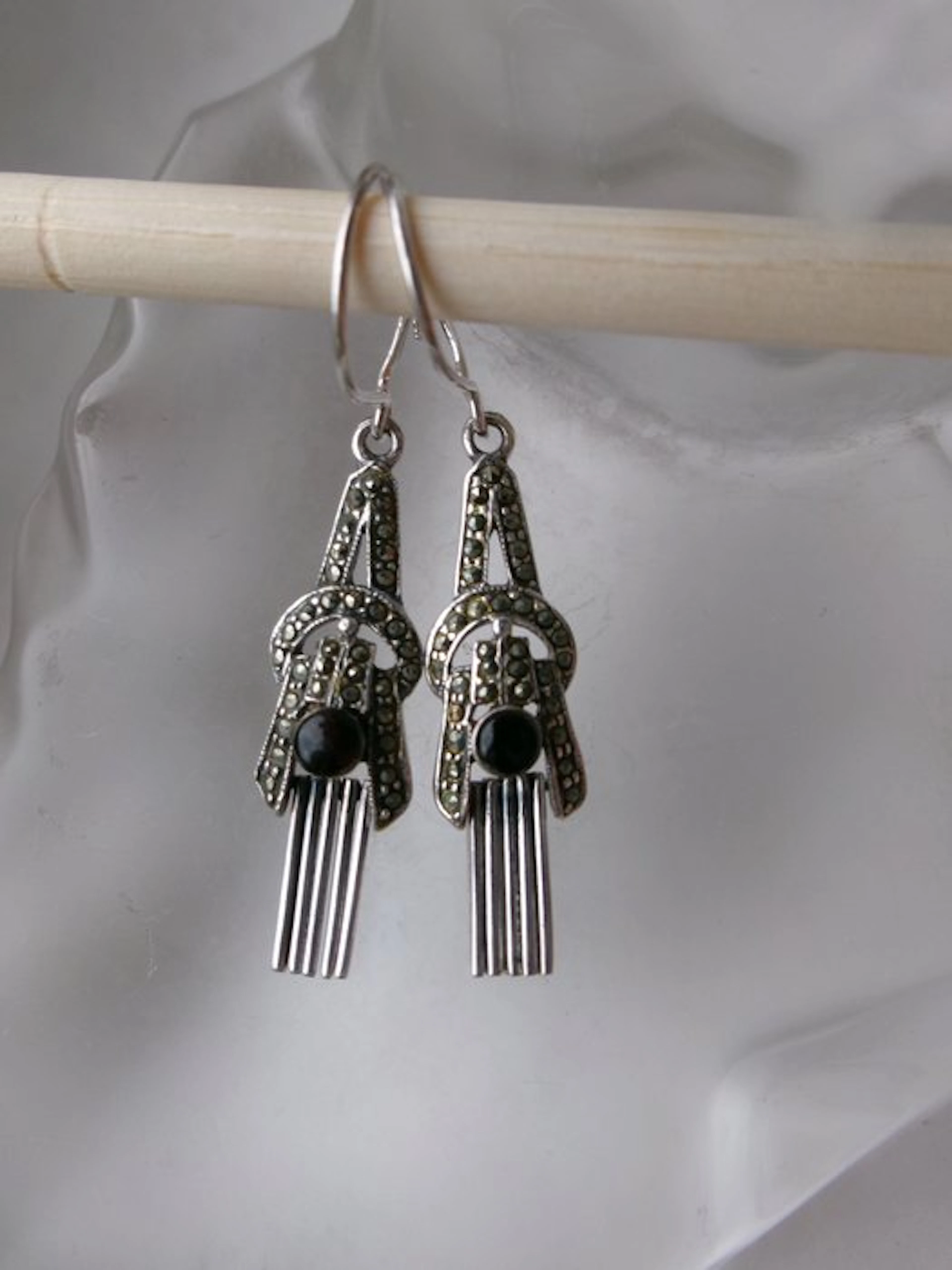 Silver, Onyx & Marcasites - Earrings - Art Deco Style