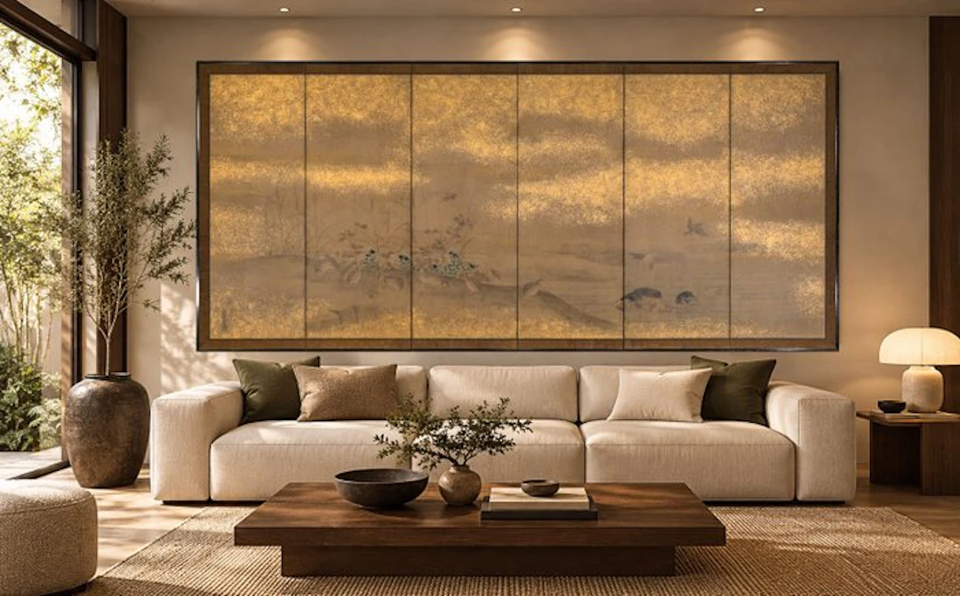 A Tosa school six-panel byobu folding screen painted on...