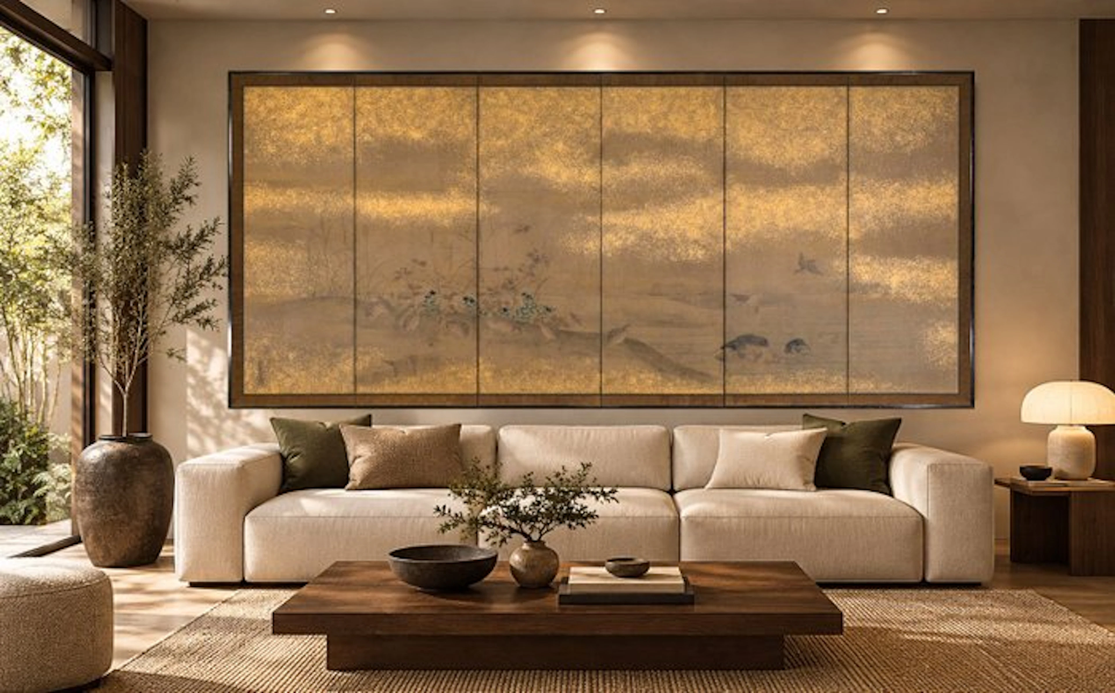 A Tosa school six-panel byobu folding screen painted on...
