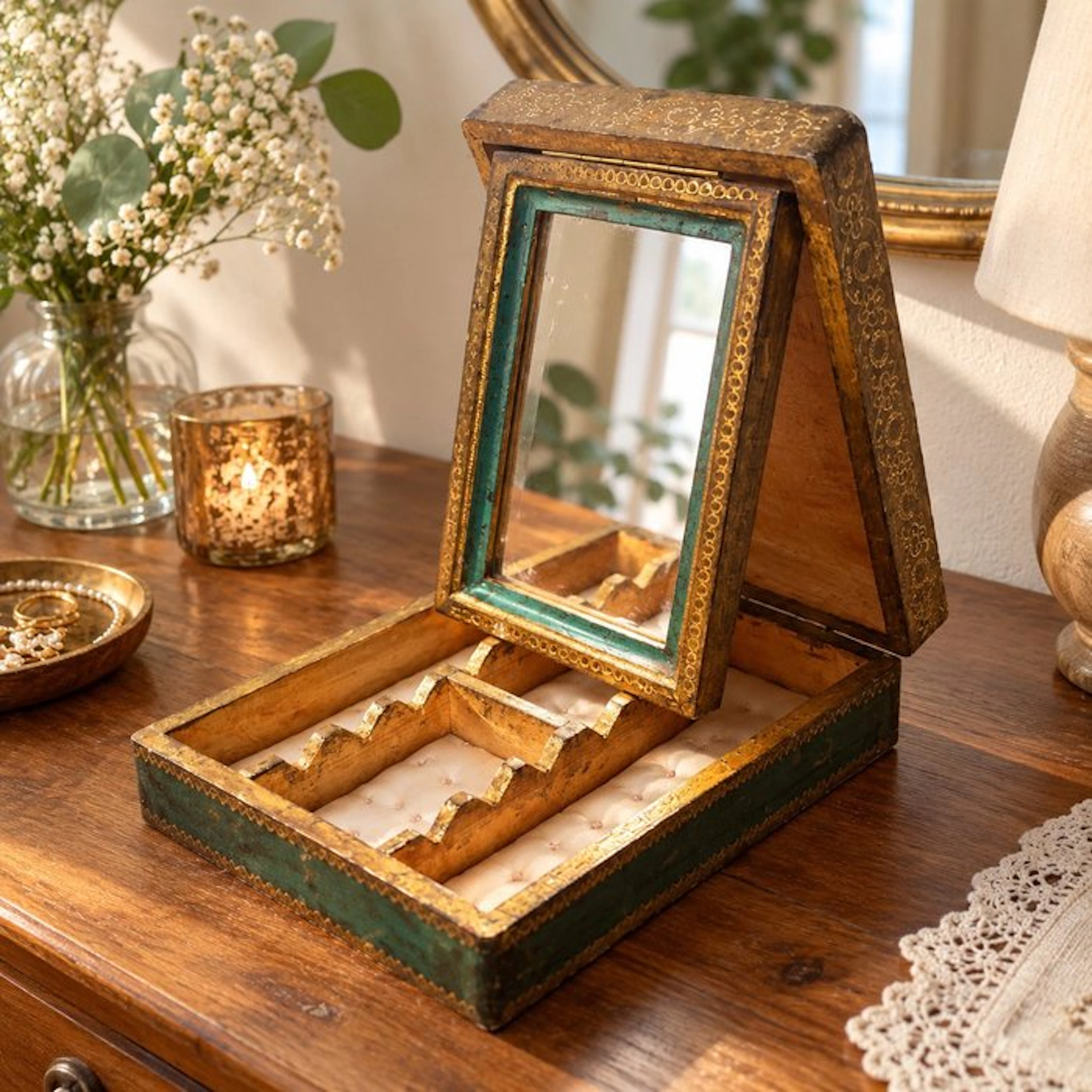 Jewellery box - Gilded wood model and its mirror on an easel