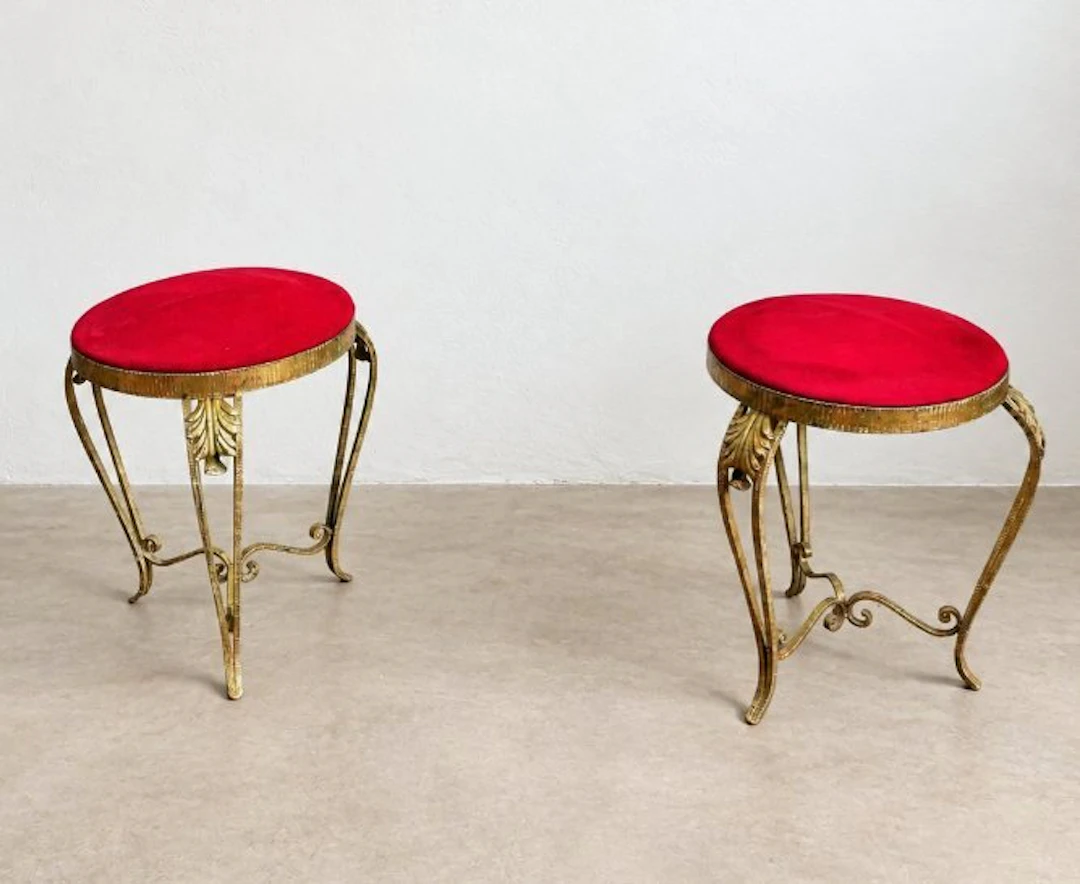 Stool - Metal, Velvet - Pair of Italian Gilt Iron Vanity Stools