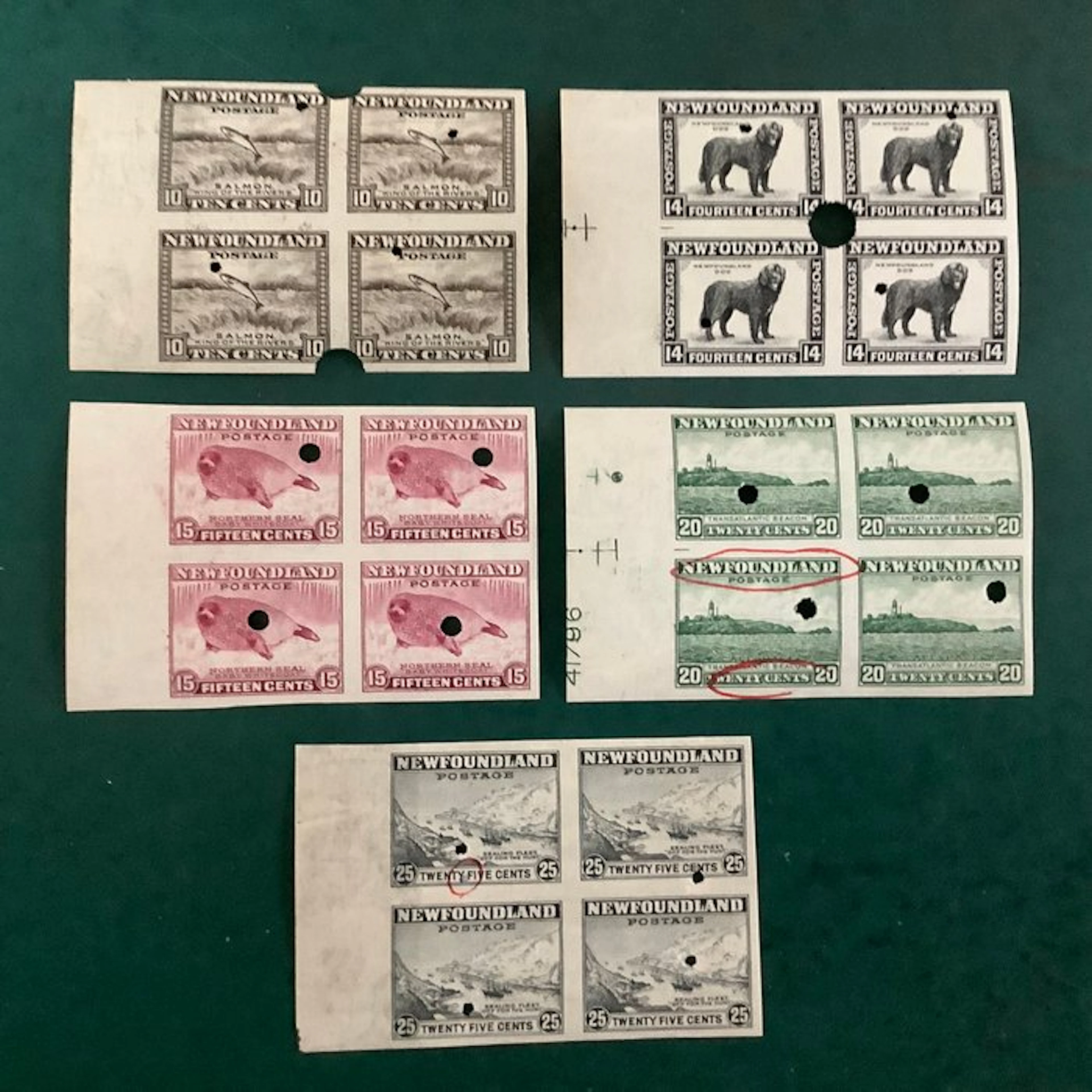 Newfoundland 1932 - Proofs; five blocks of four uncut —...