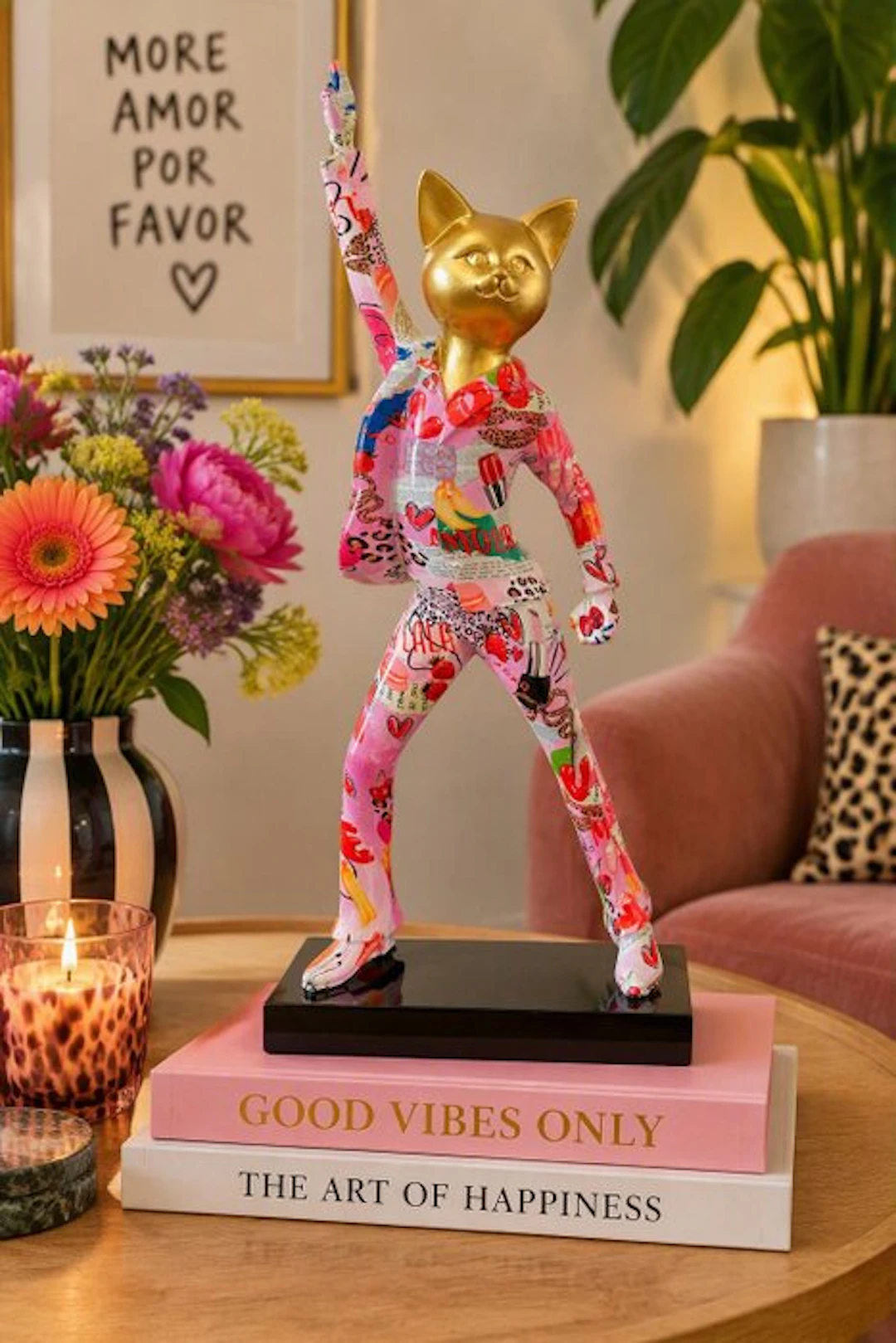 Sculpture, Pop Art Disco Kattenfiguur met Gouden Kop - 40 cm - synthetic resins