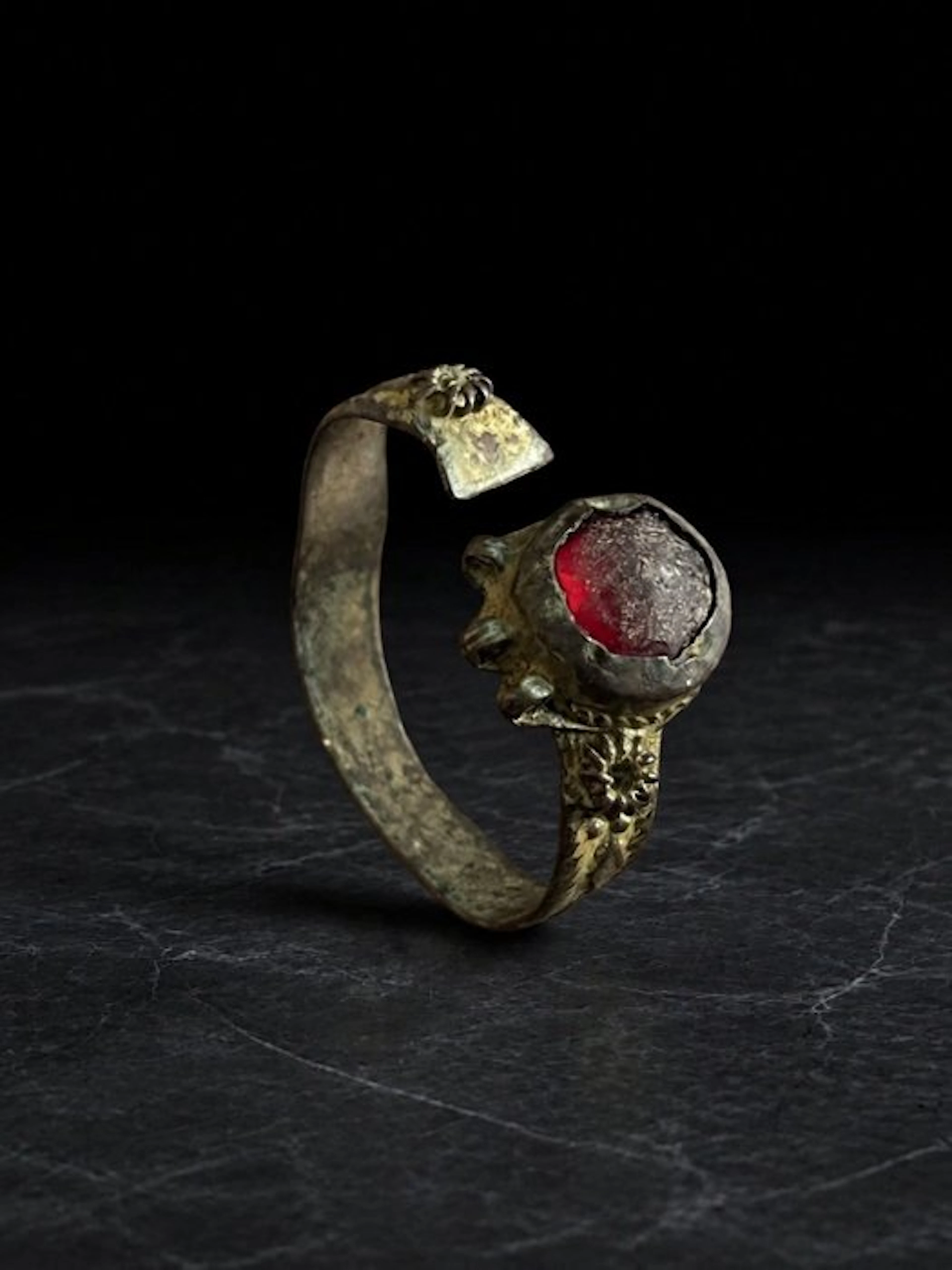 Islamic Bronze Ring with Red Stone 12th to 14th Century AD (No reserve price)