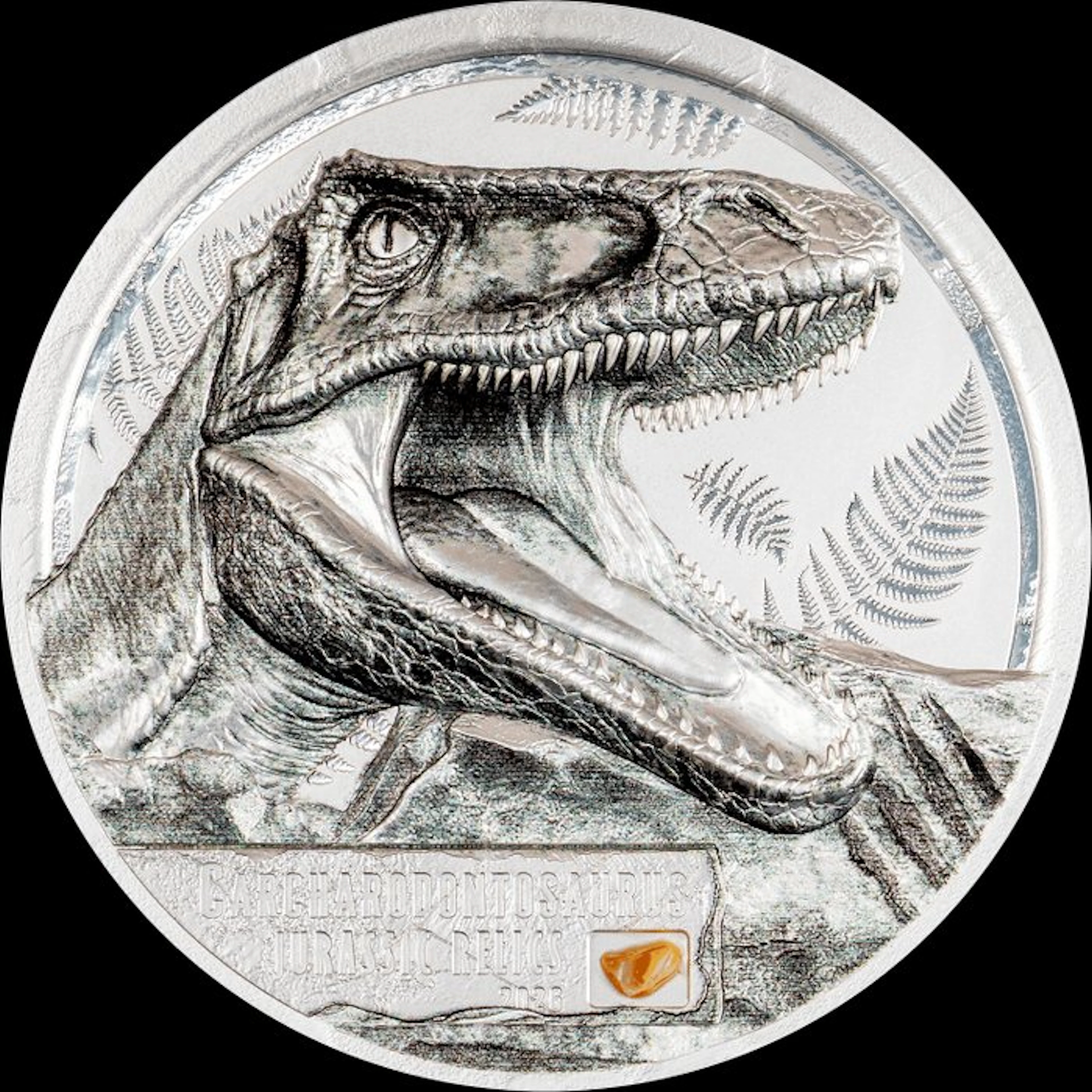 Cook Islands. 5 Dollars 2026 Carcharodontosaurus Jurassic Relics 1 Oz, (.999)
