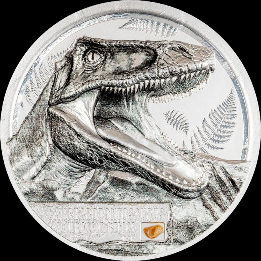 Cook Islands. 5 Dollars 2026 Carcharodontosaurus Jurassic Relics 1 Oz, (.999)