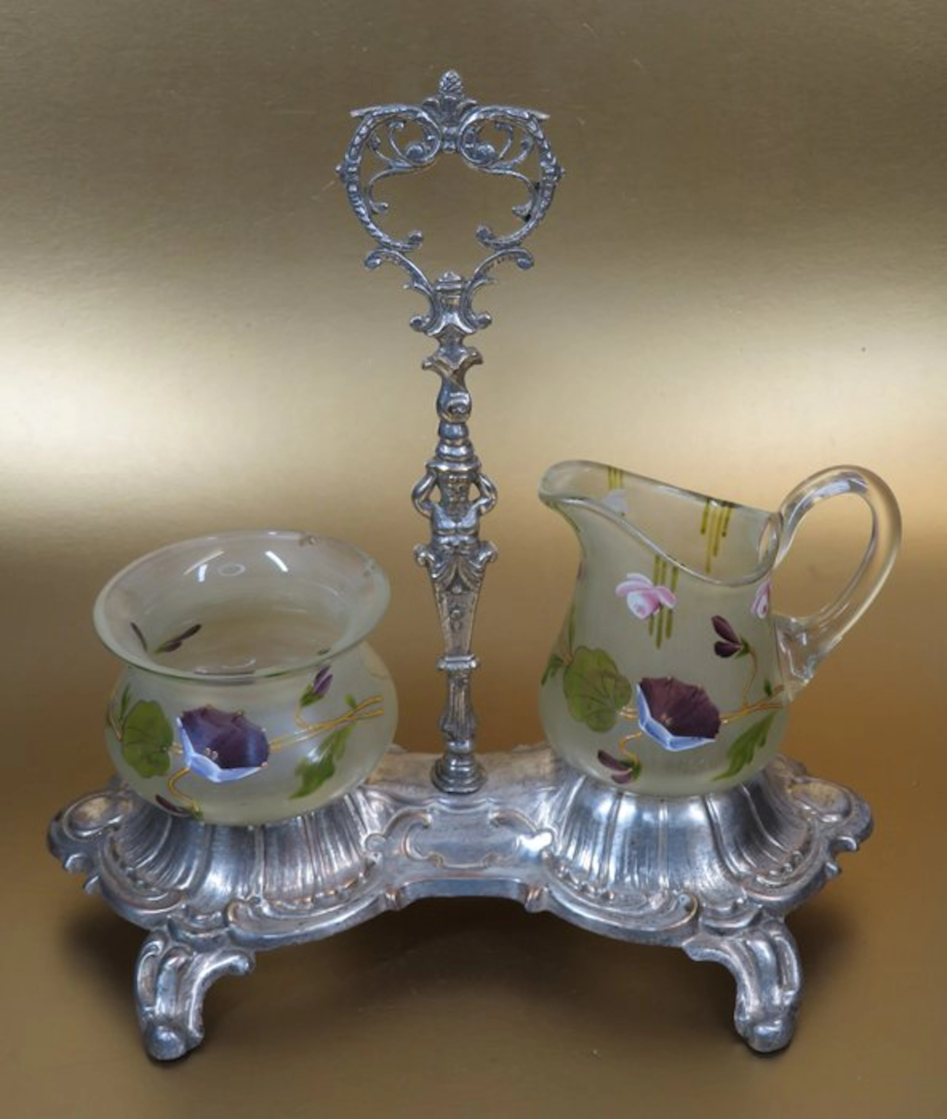 Gesatineerd roomstel met bloemdecor - Sugar and cream set - Glass, Metal