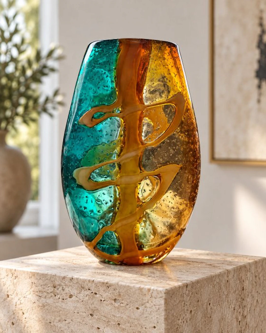 Vase - Luxury art glass vase – Teal & Amber – Sculptural...
