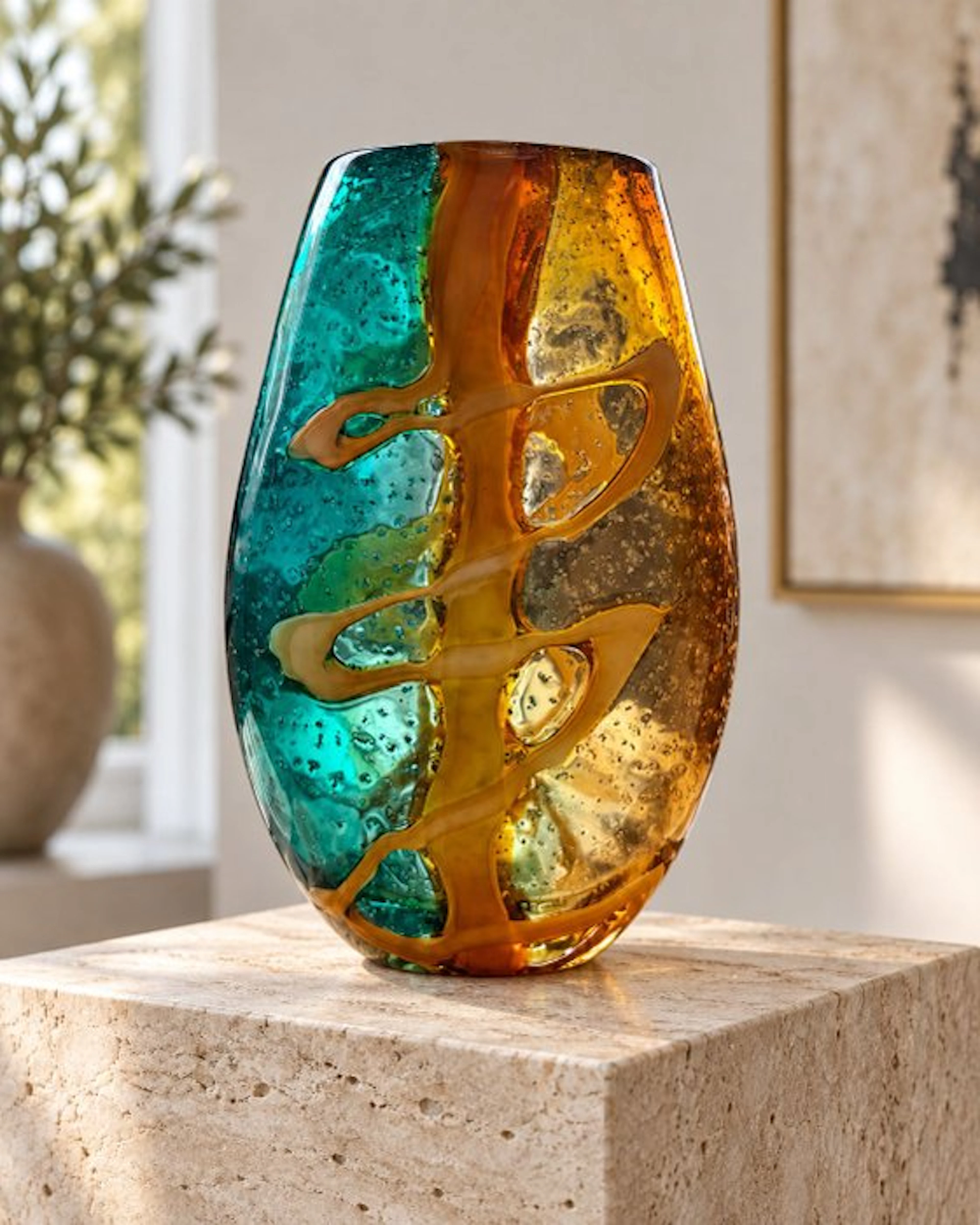 Vase - Luxury art glass vase – Teal & Amber – Sculptural...