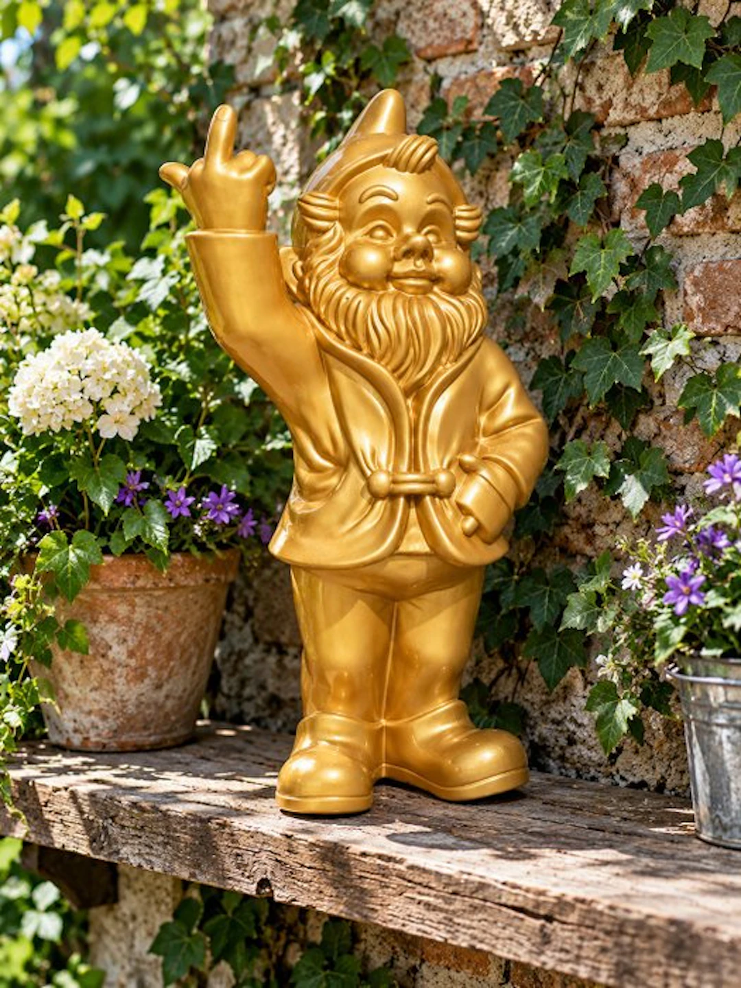 Statue, naughty gold gnome with middle finger - 30 m - polyresin