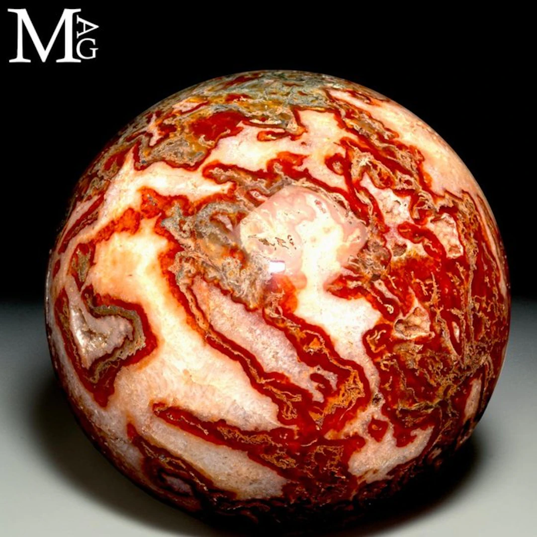 Large Red Moss Agate Sphere with Crystal Geodes...