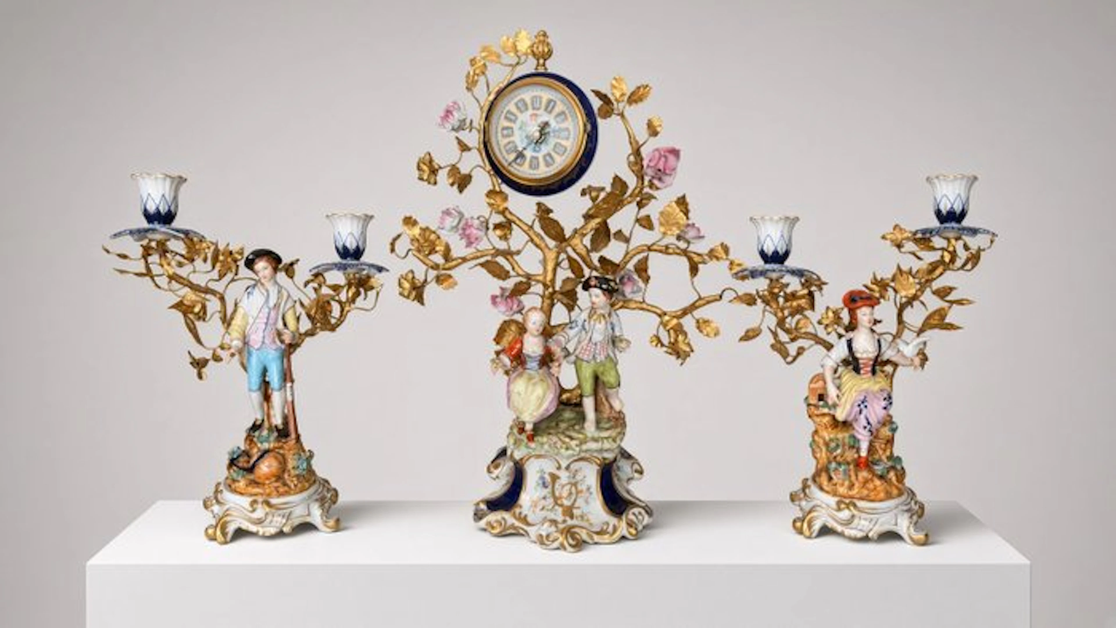 Candlestick A Three-Piece Polychrome Porcelain and Gilded...
