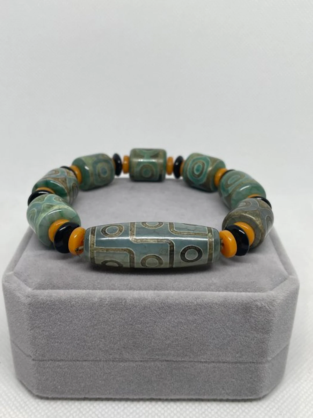 Natural Tibetan Agate bracelet with natural Dzi beads —...