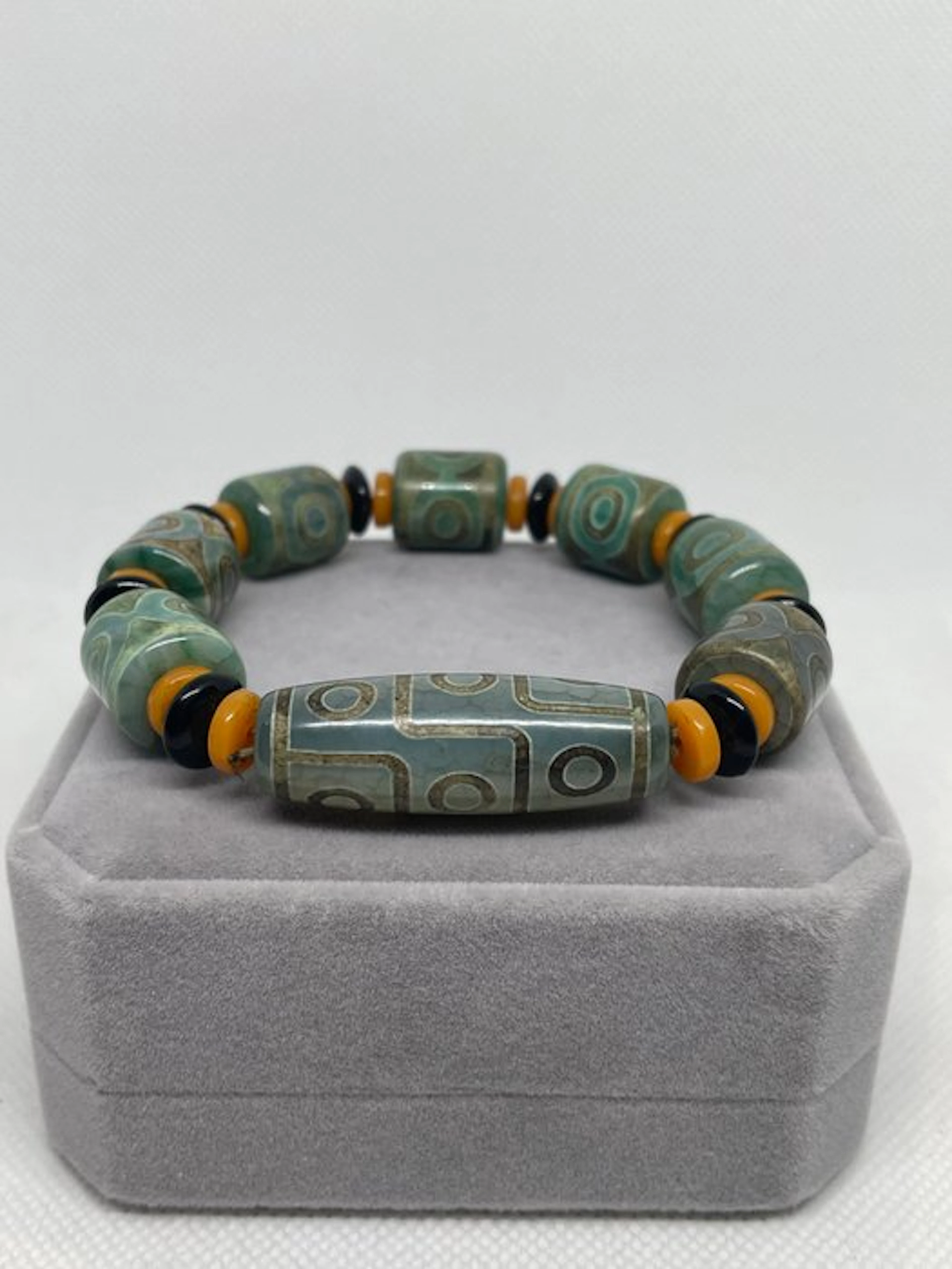 Natural Tibetan Agate bracelet with natural Dzi beads —...