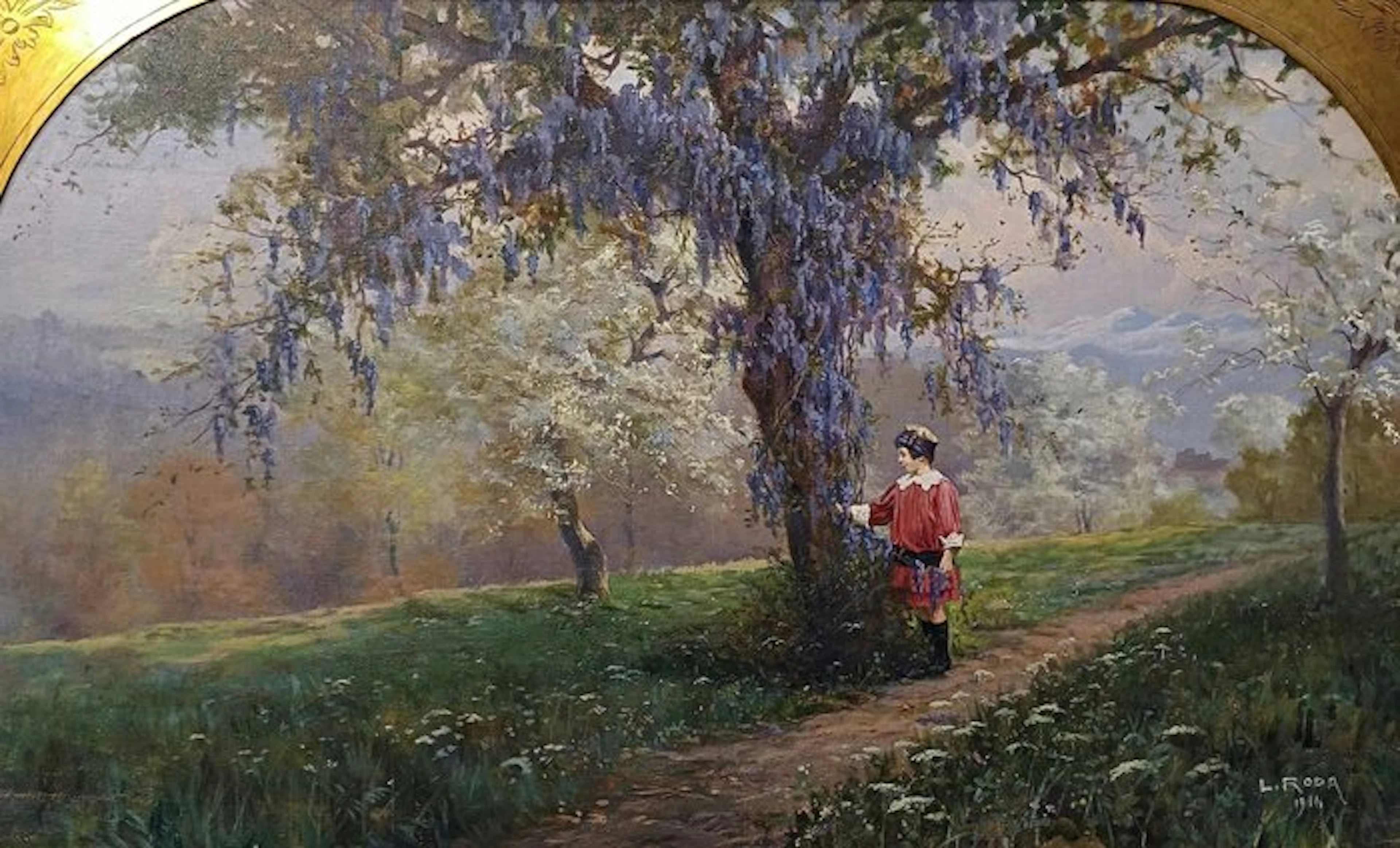 Roda Leonardo Roda (1868-1933) - Dolci pensieri sotto al glicine - cm 96 x 146