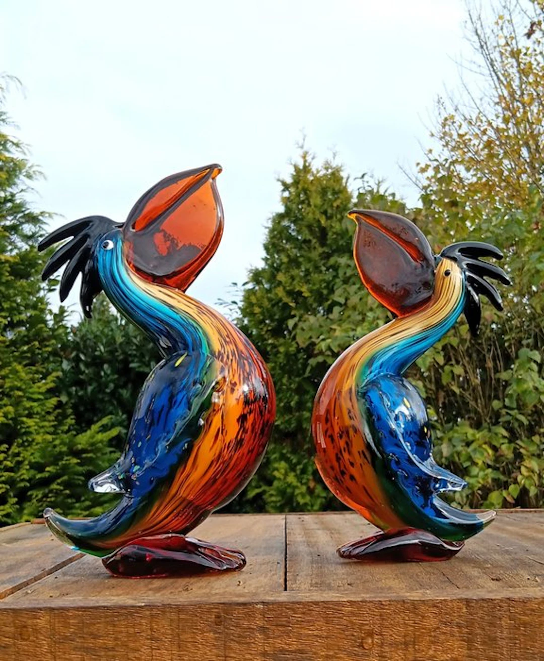 Sculpture, Pelikaan set van 2 in murano stijl - 26 cm - handmade glass