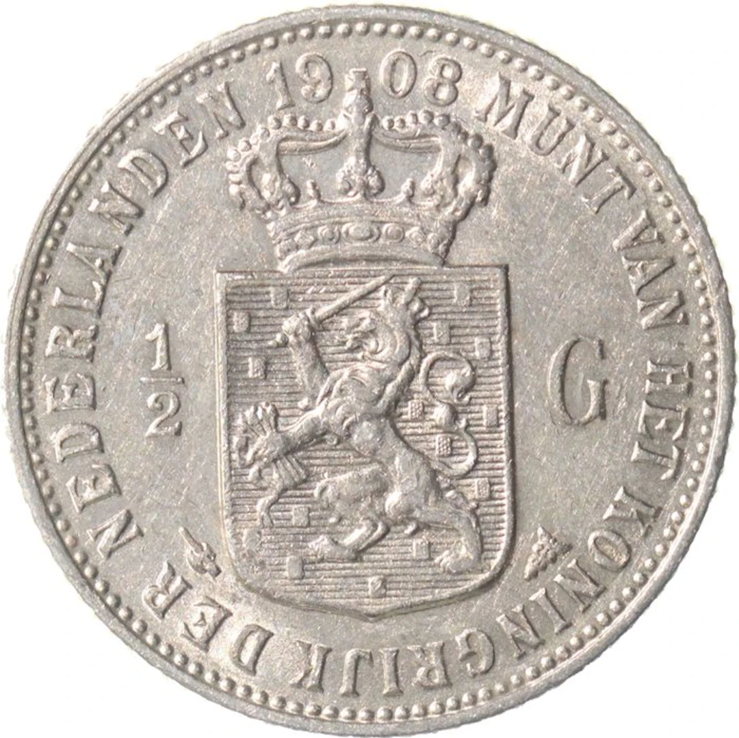 Netherlands. Wilhelmina. 1/2 Gulden 1908 KWALITEIT (No reserve price)