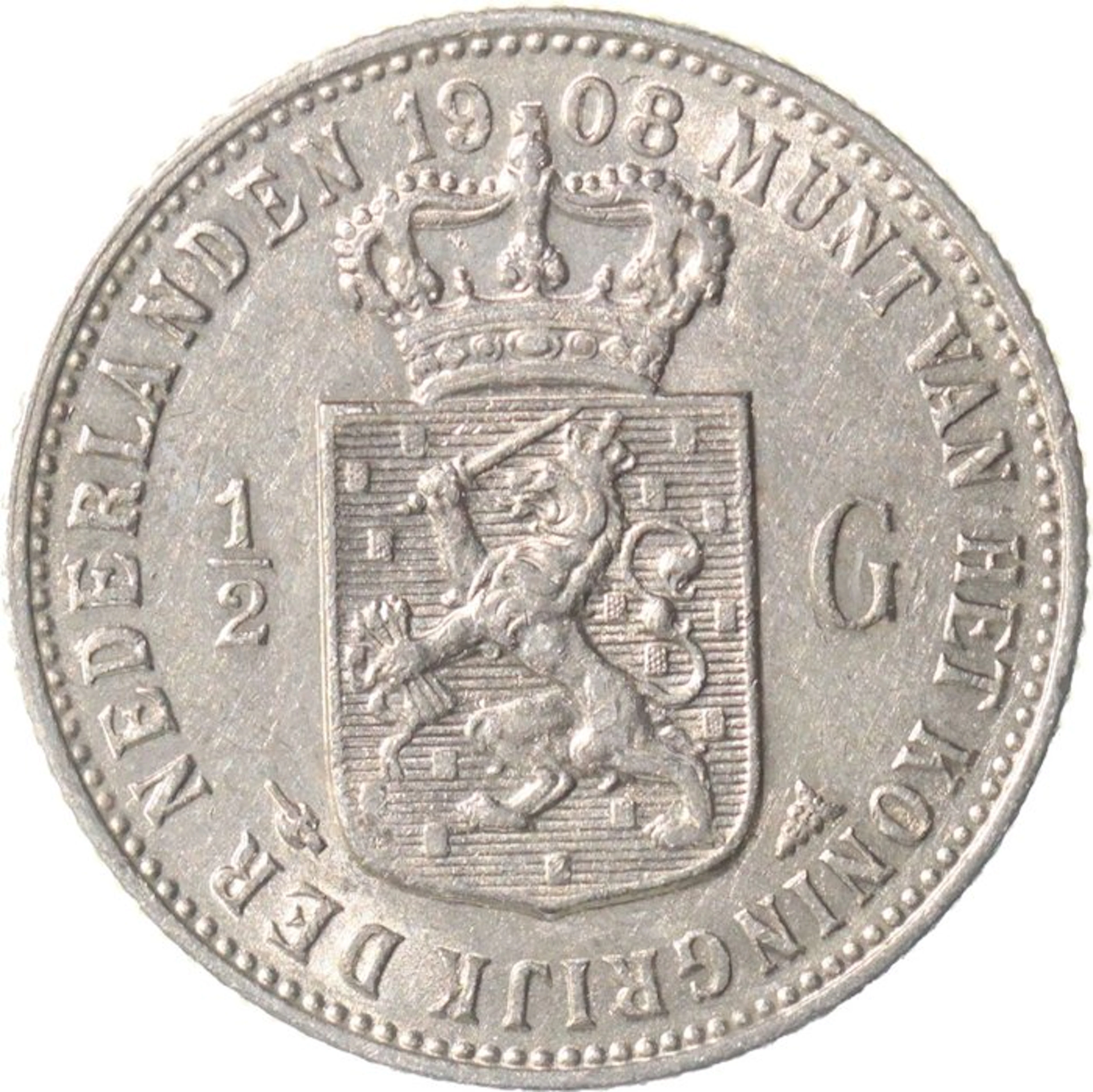 Netherlands. Wilhelmina. 1/2 Gulden 1908 KWALITEIT (No reserve price)