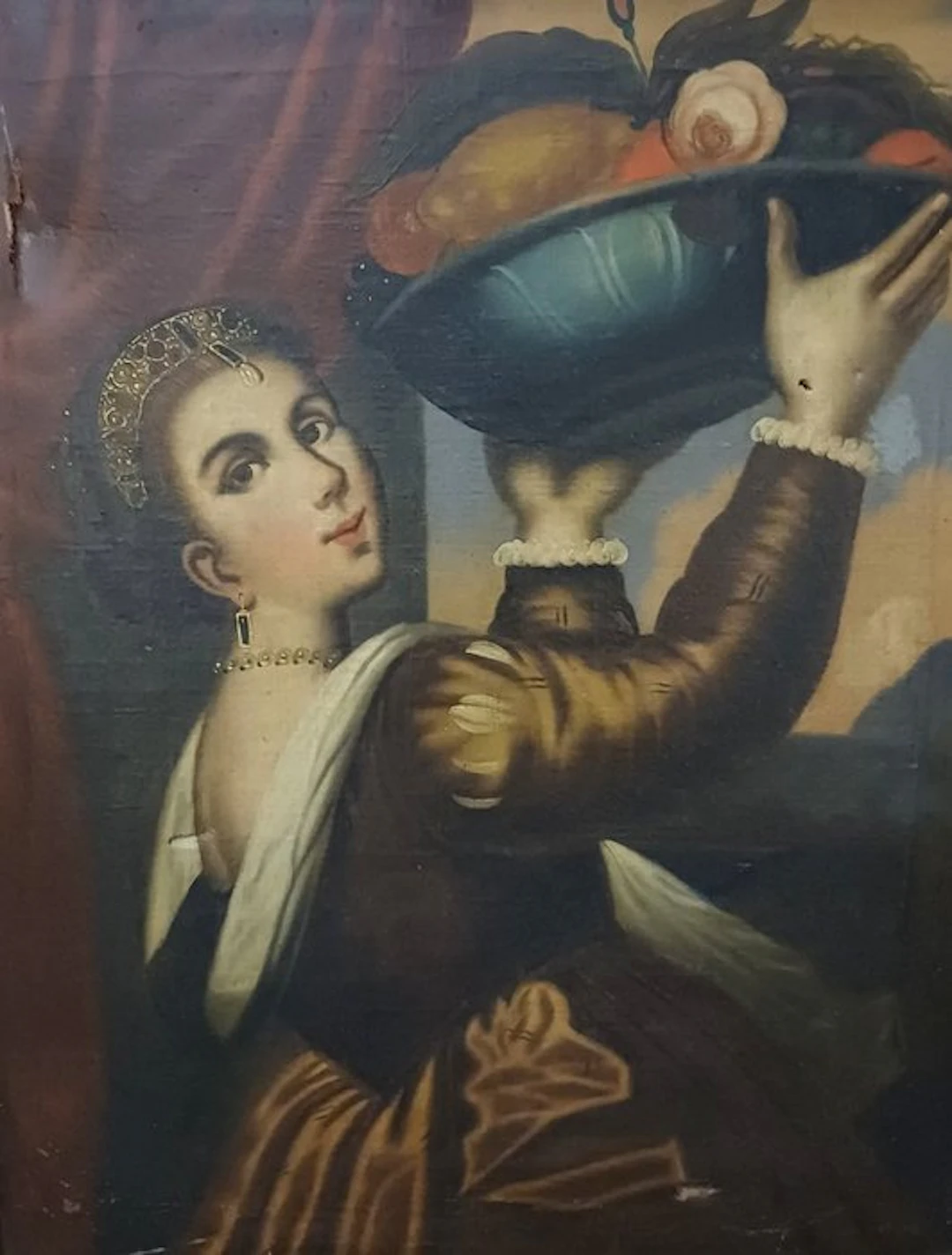 Scuola italiana (XIX), Da Tiziano - Donna con cesto di frutta