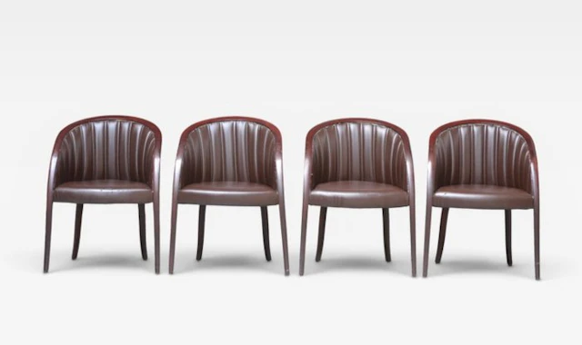 Armchair - Wood, Synthetic leather - Set of four tub chairs.