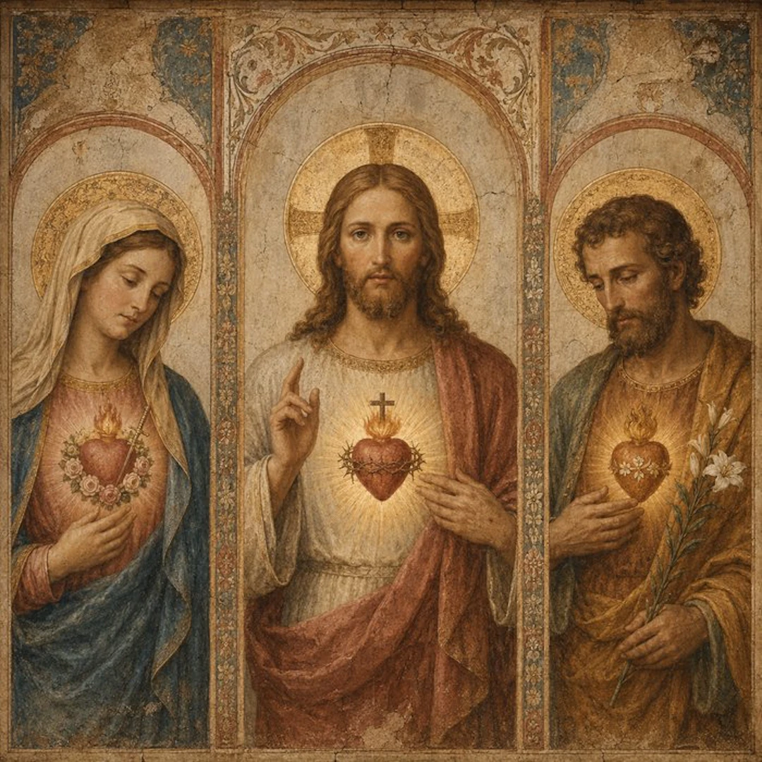 CREATIVE_HUB - Three Hearts of the Holy Family in ancient chapel representation