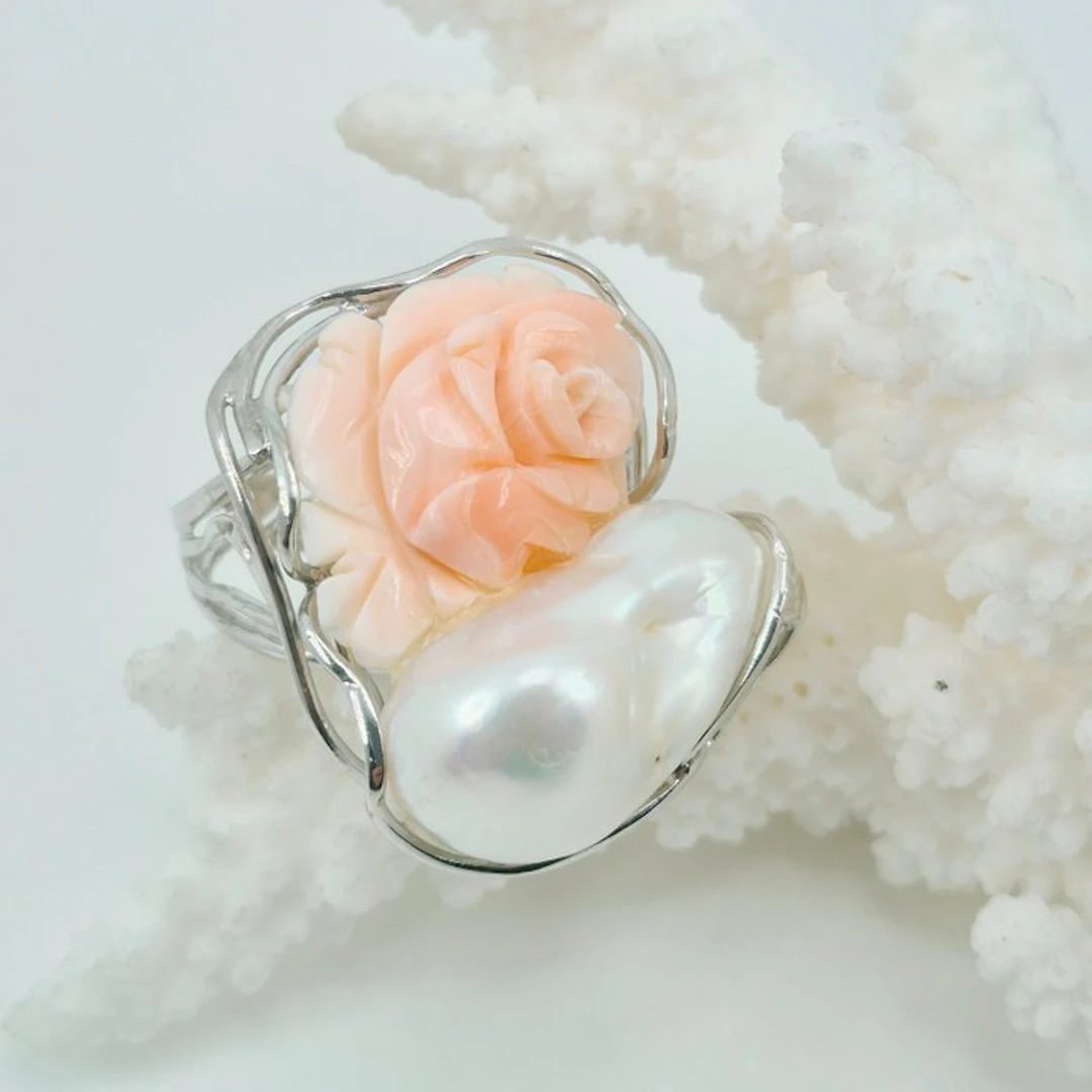 Coral - Silver - Ring - Pink coral and pearl