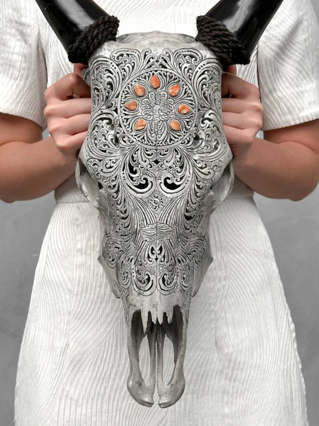 NO RESERVE PRICE - An Authentic Carved Grey Cow Skull...