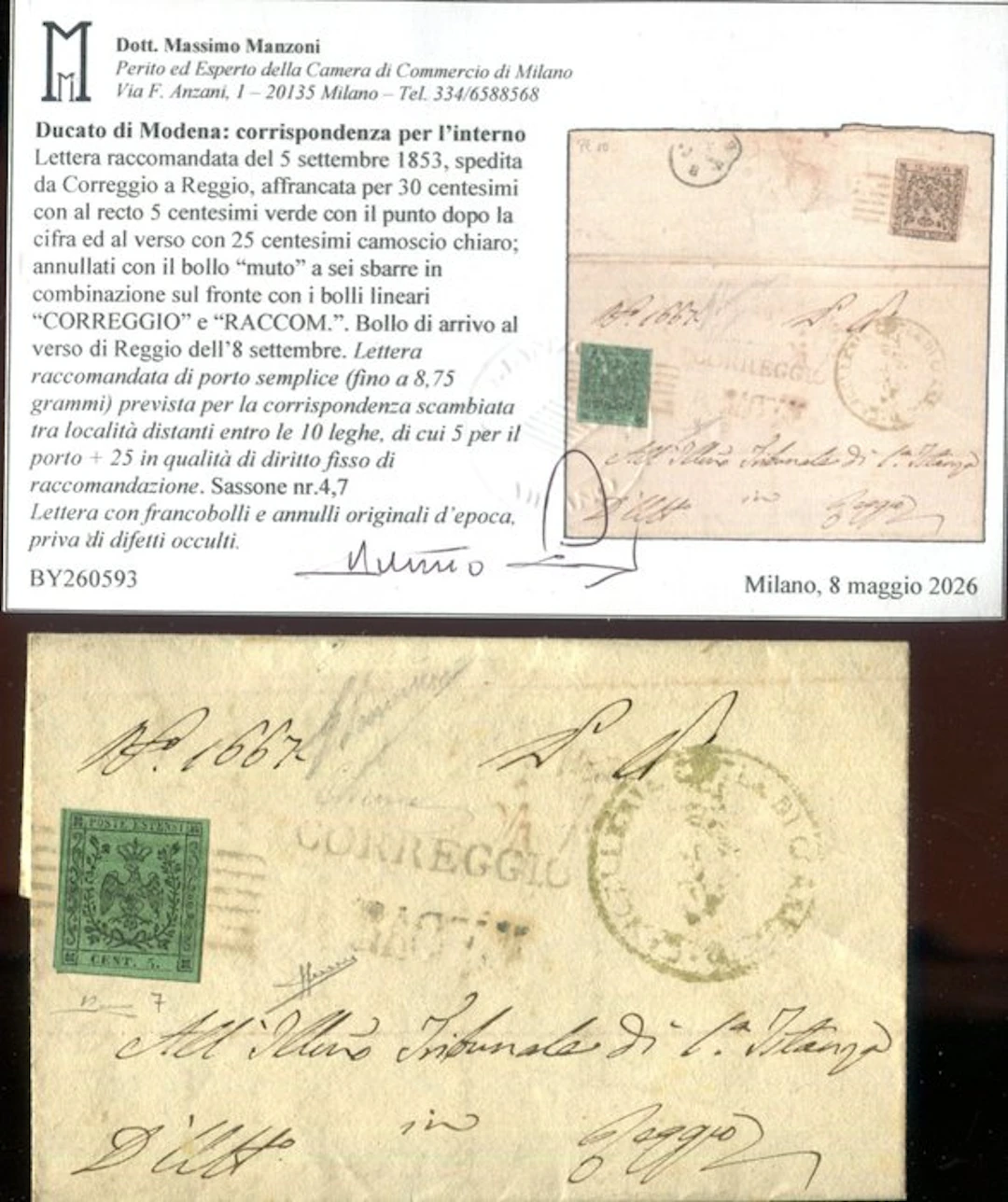 Italian Ancient States - Modena 1852 - Registered mail from Correggio to Reggio