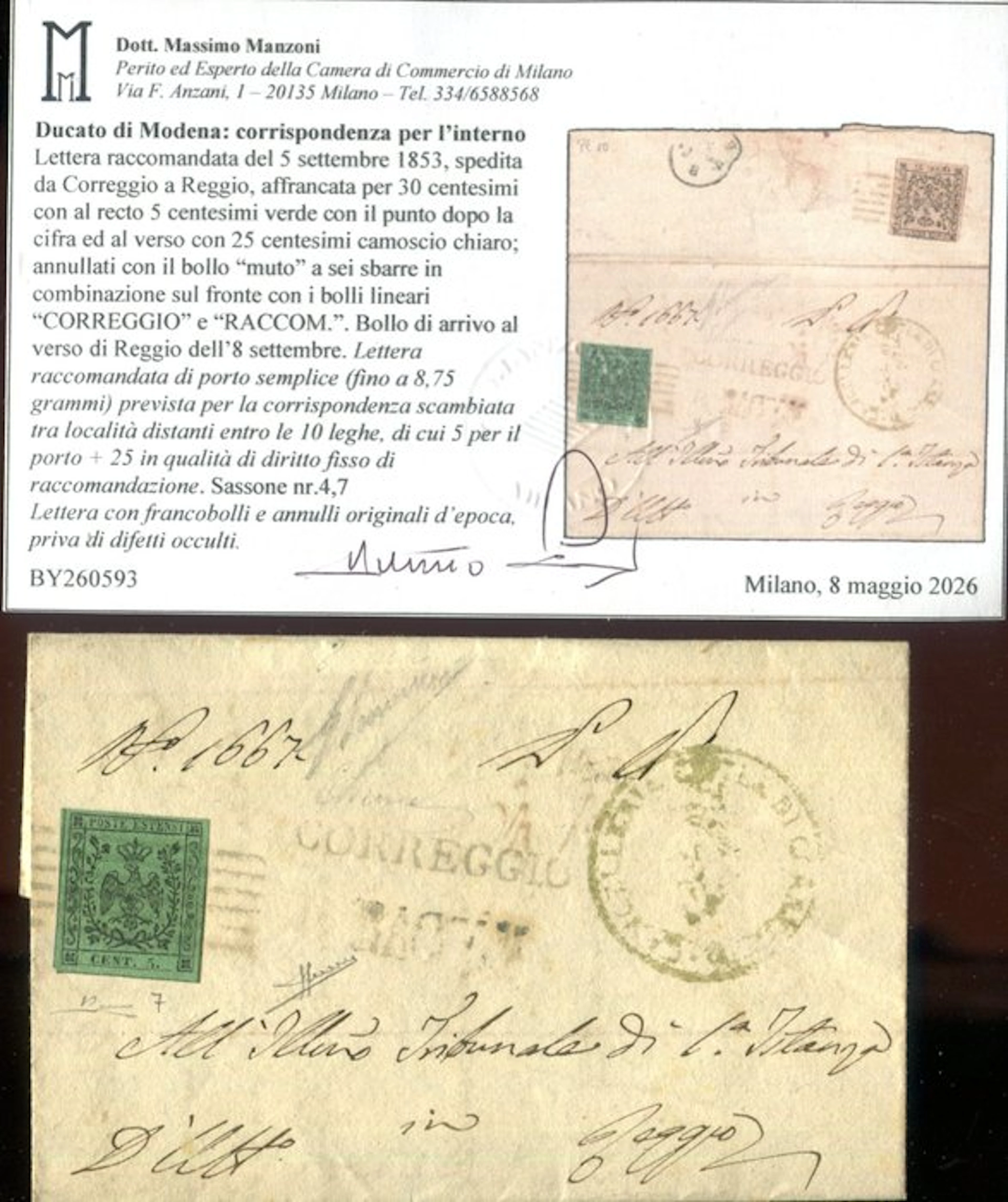 Italian Ancient States - Modena 1852 - Registered mail from Correggio to Reggio