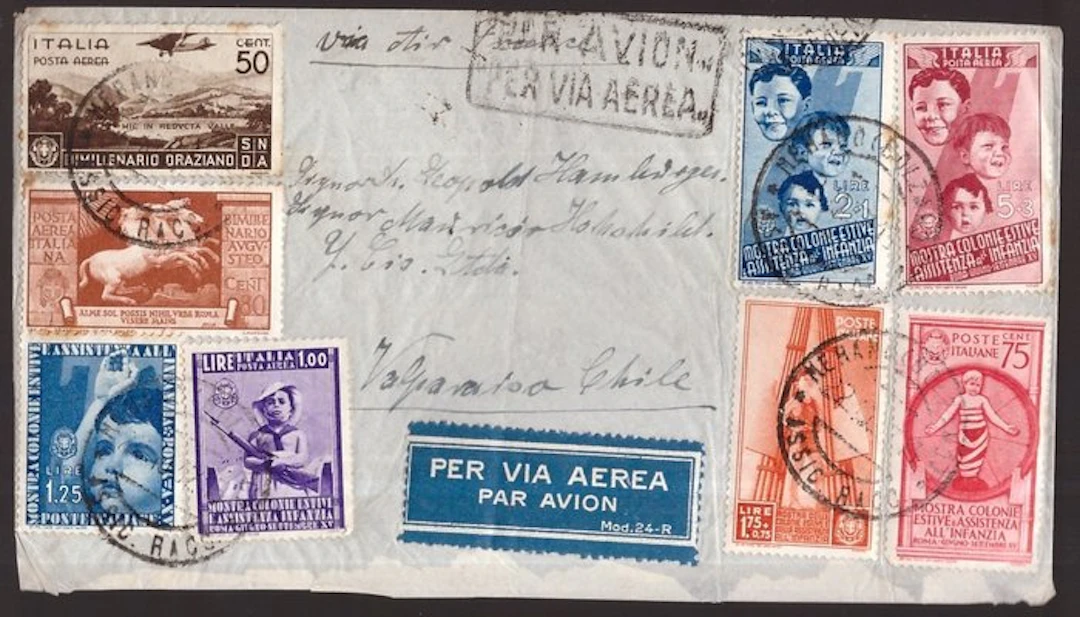 Italy Kingdom - Airmail envelope to Chile, 1937, prepaid at the tariff rate.