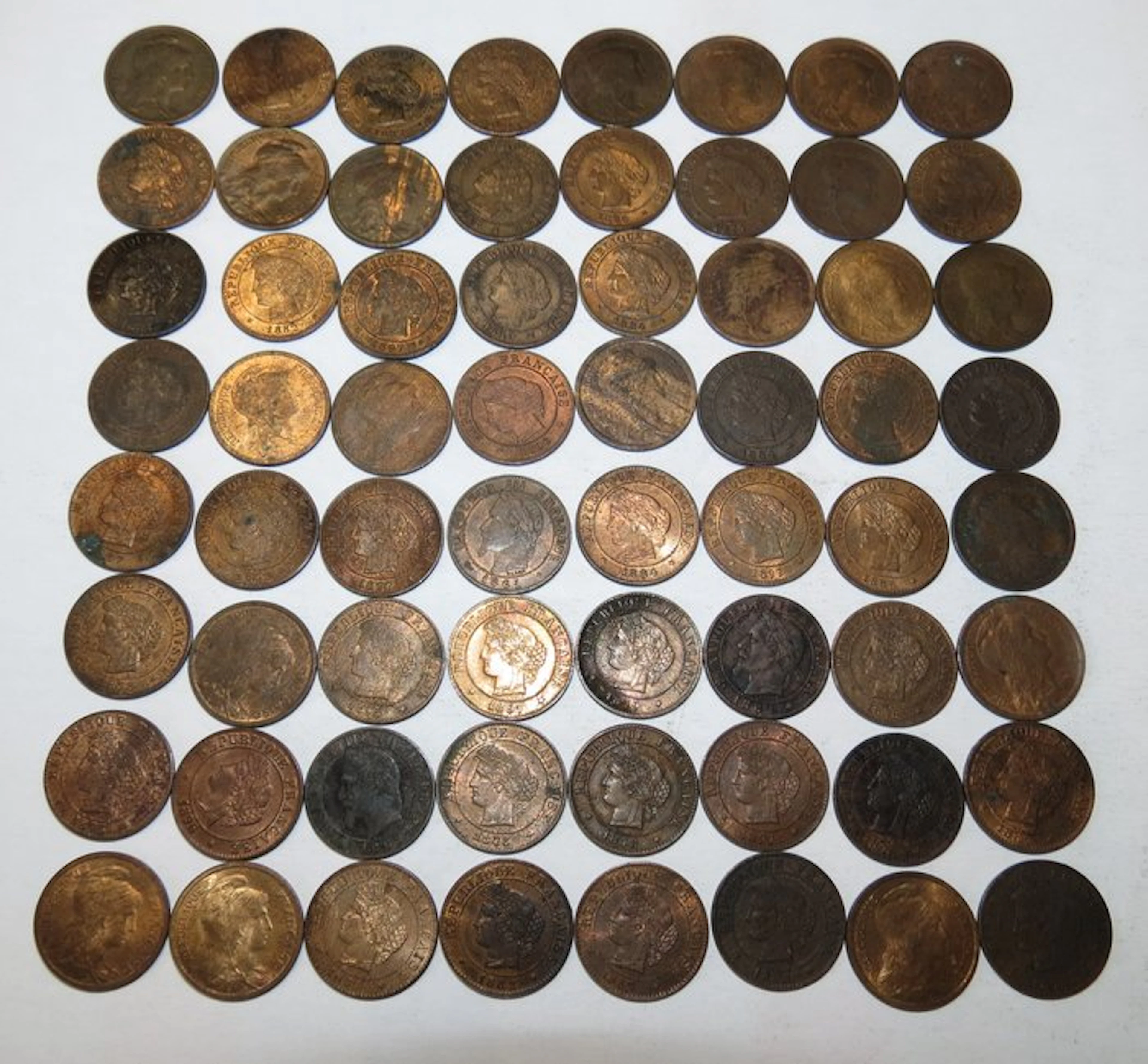 France. Lot de 64 monnaies de 1 centime types Cérès