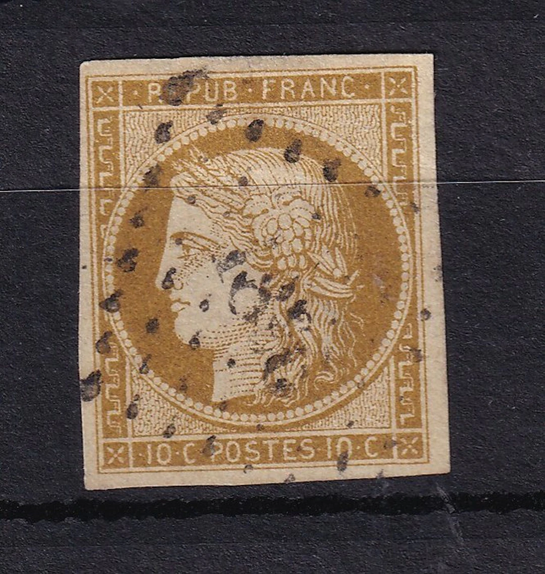 France 1850 - côte 475€, superbe Cérès 10c nuance bistre brun - Yvert n°1a