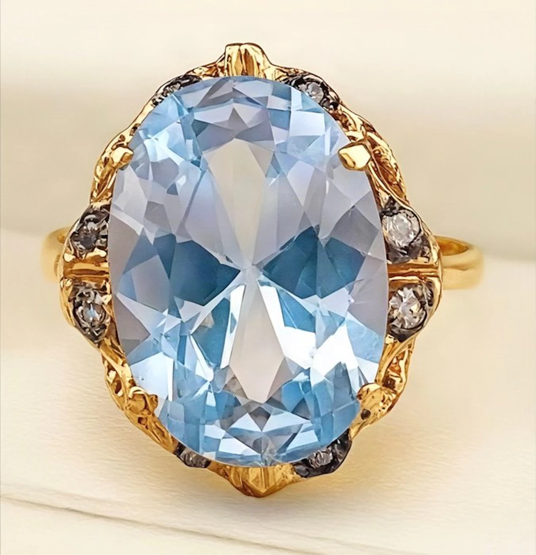 No reserve price - Ring - 9 kt. Yellow gold, Silver Aquamarine - Diamond