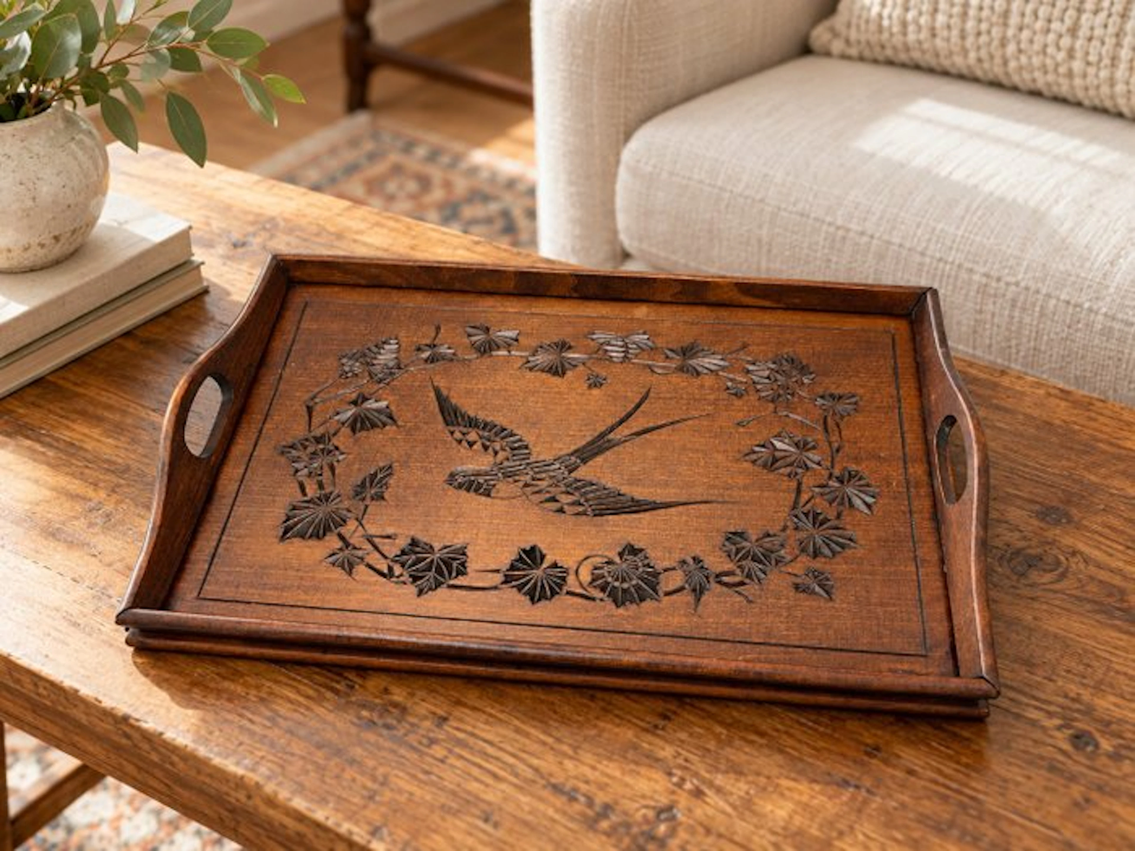 Antiek houten dienblad - Tray - Wood - Grooved tray