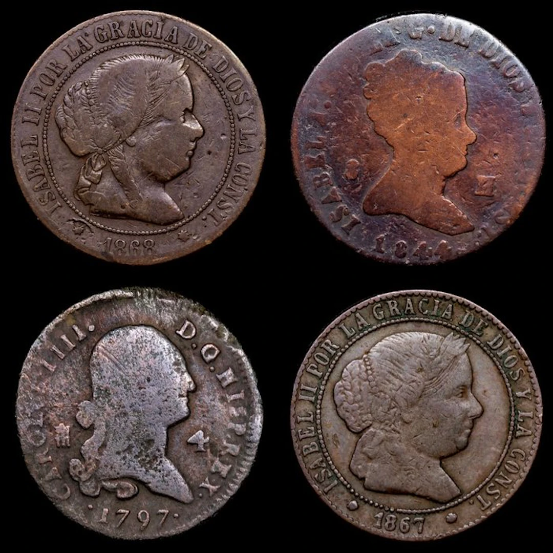 Spain. Isabel II. 5 Centimos de Real 1797 - 1867 / 4 Monedas (No reserve price)