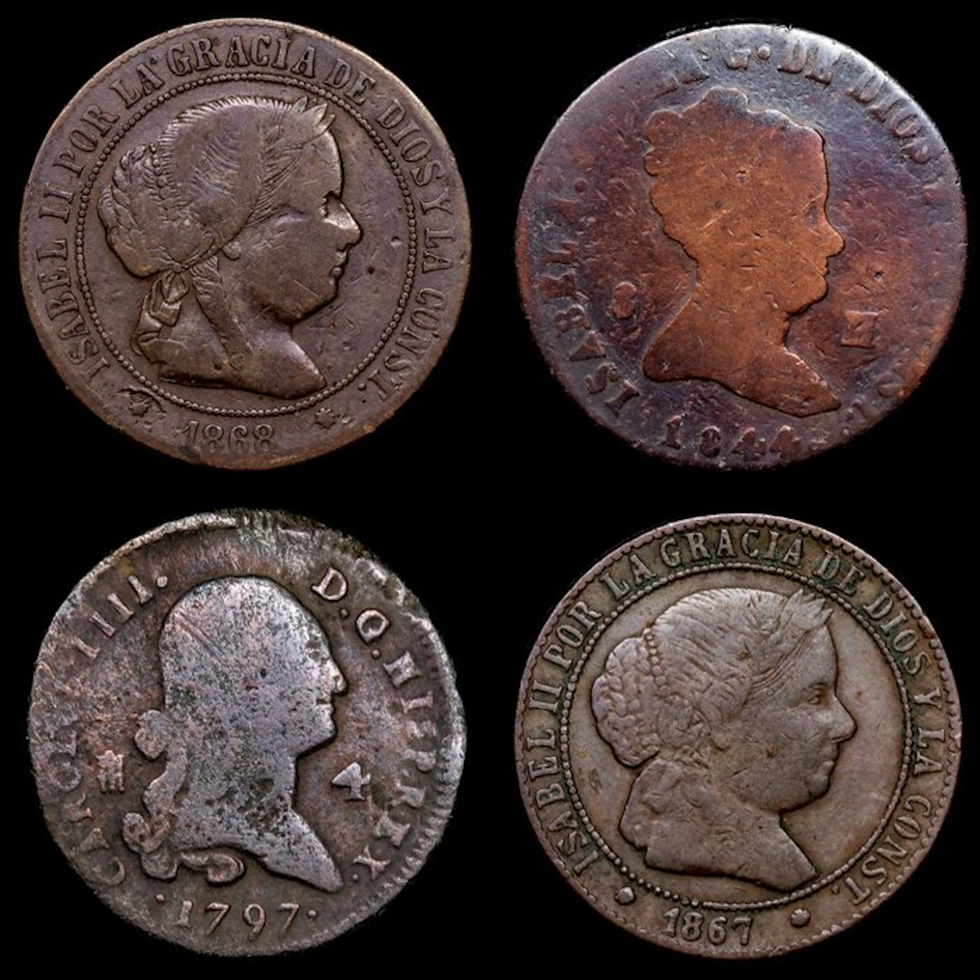 Spain. Isabel II. 5 Centimos de Real 1797 - 1867 / 4 Monedas (No reserve price)