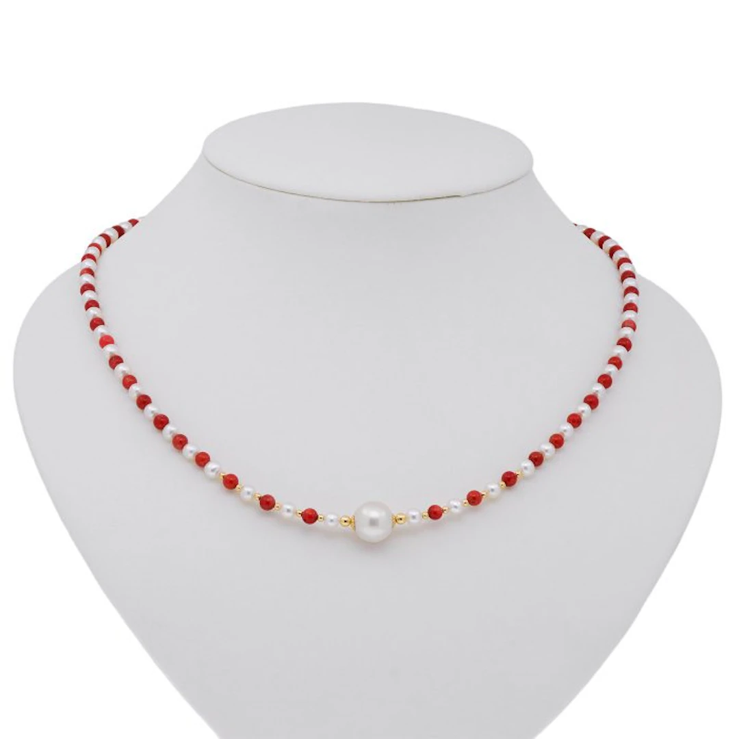 No reserve price - Necklace - 18 kt. Yellow gold Pearl - Pearl - Red Coral
